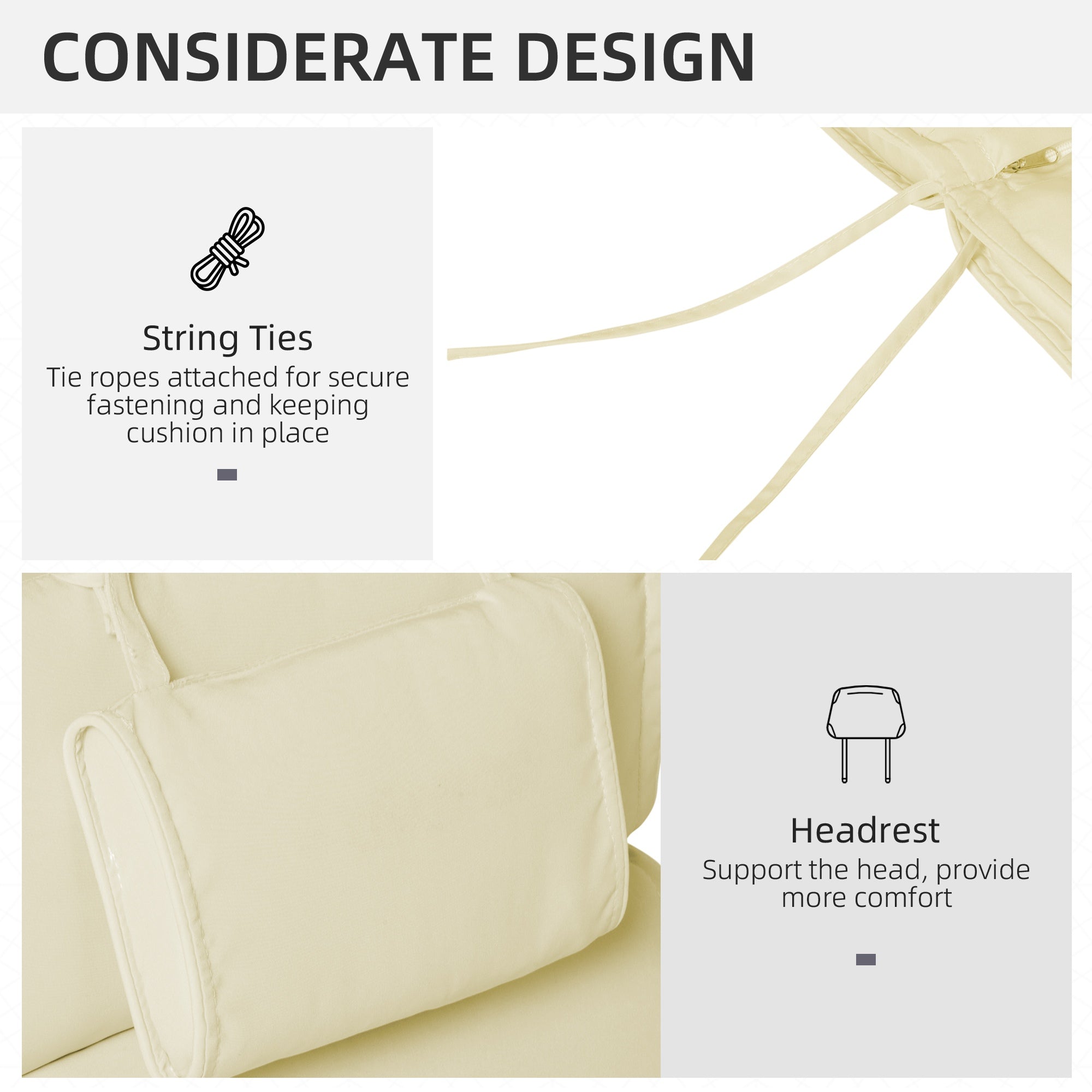 Lounger Chair Cushion ONLY with Thick Padded, Headrest, Cream White