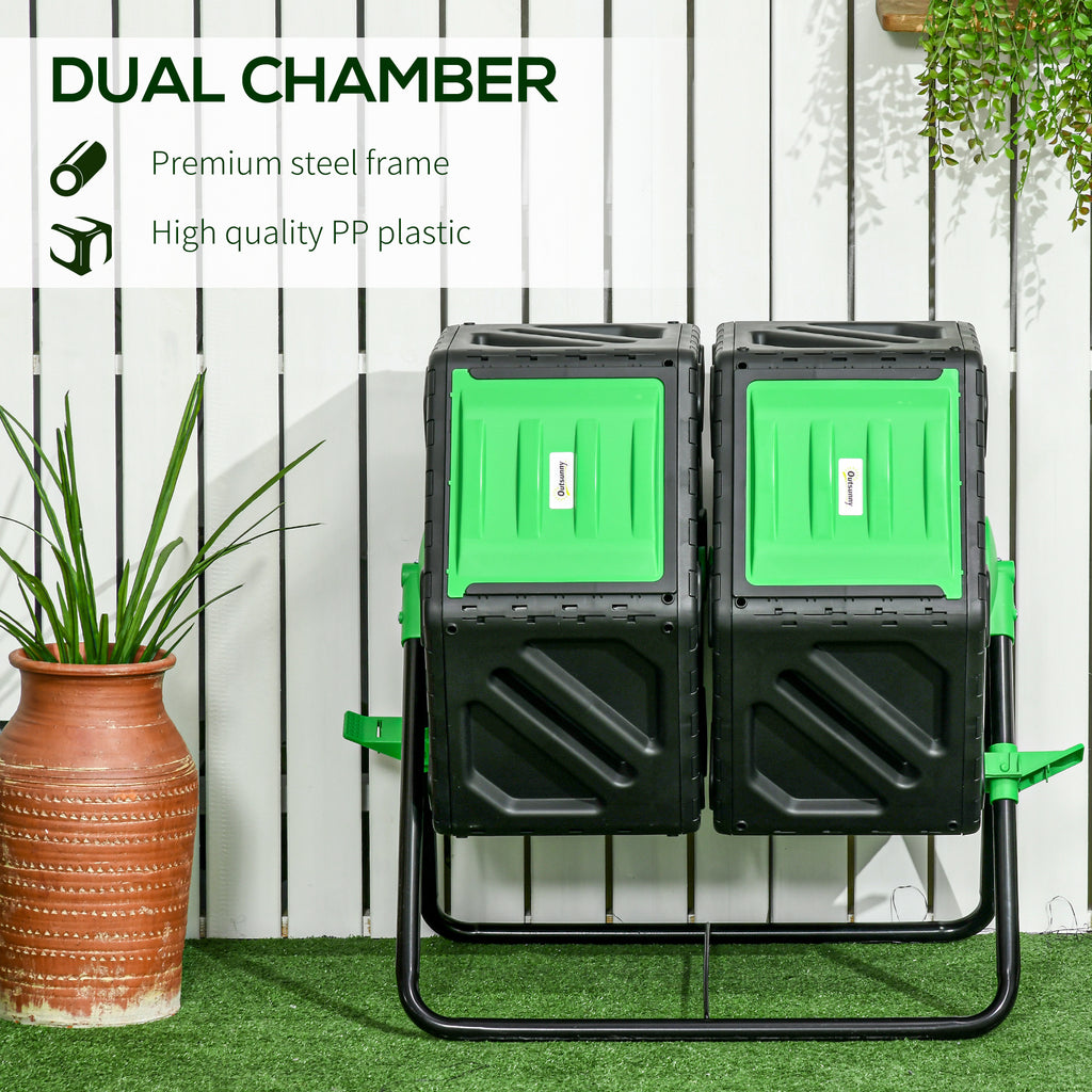 Rotating Composter, Dual Chamber Compost Bin with 24 Vents and Steel Legs, 34.5 Gallon, Green