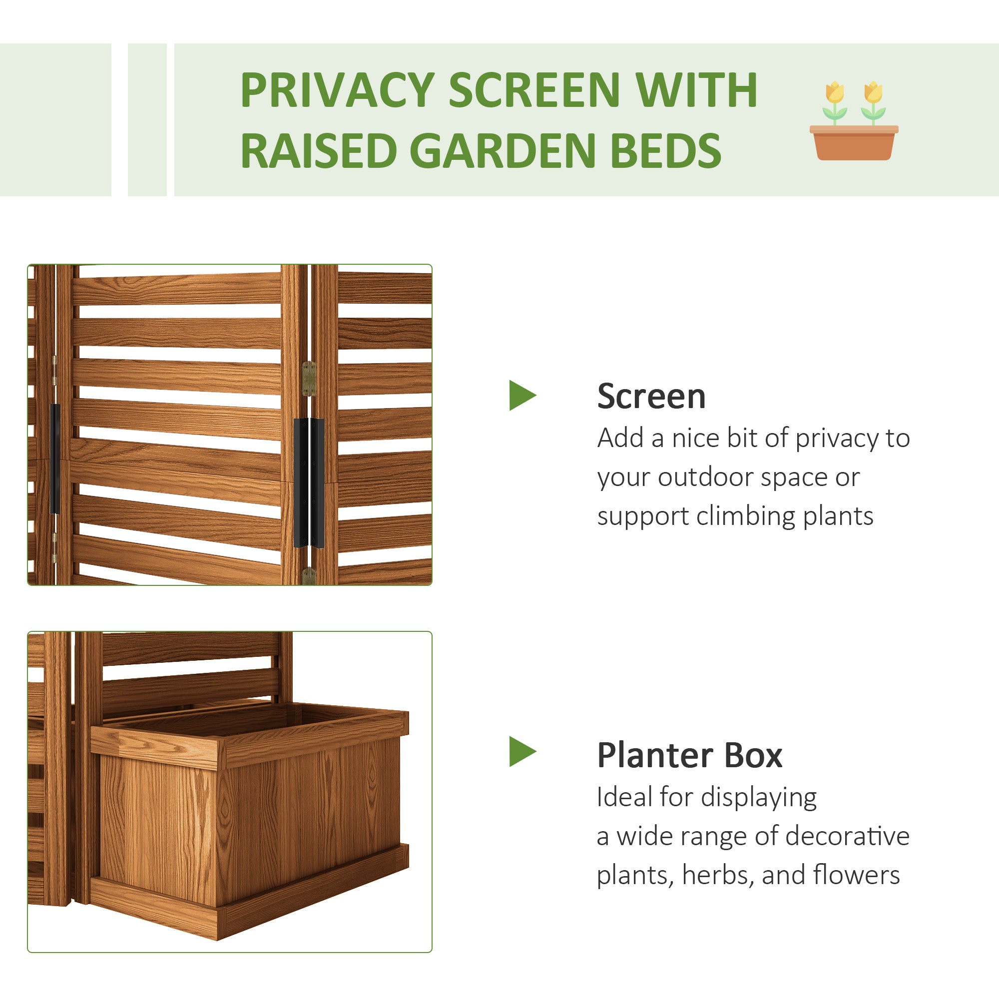 Outdoor Privacy Screen Wood Privacy Panel with 4 Planter Boxes, Raised Bed with 3 Panels, Drainage Holes, Natural
