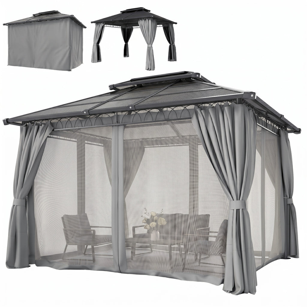 10' x 12' OutdoorÂ Hardtop Gazebo Canopy w/Â Double PC Roof, Steel Frame, Nettings,Â Curtains forÂ GardenÂ LawnÂ Deck, Grey