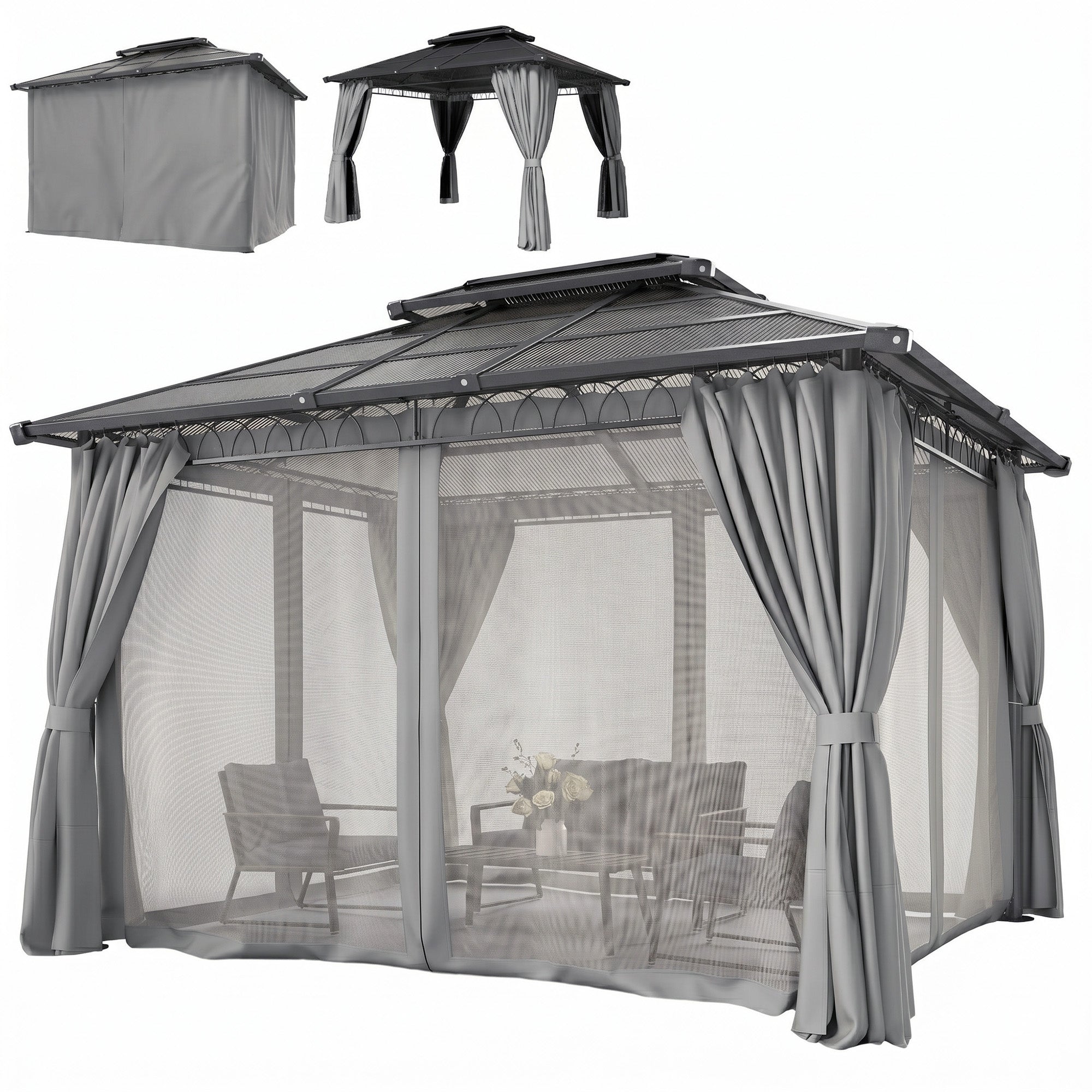 10' x 12' OutdoorÂ Hardtop Gazebo Canopy w/Â Double PC Roof, Steel Frame, Nettings,Â Curtains forÂ GardenÂ LawnÂ Deck, Grey