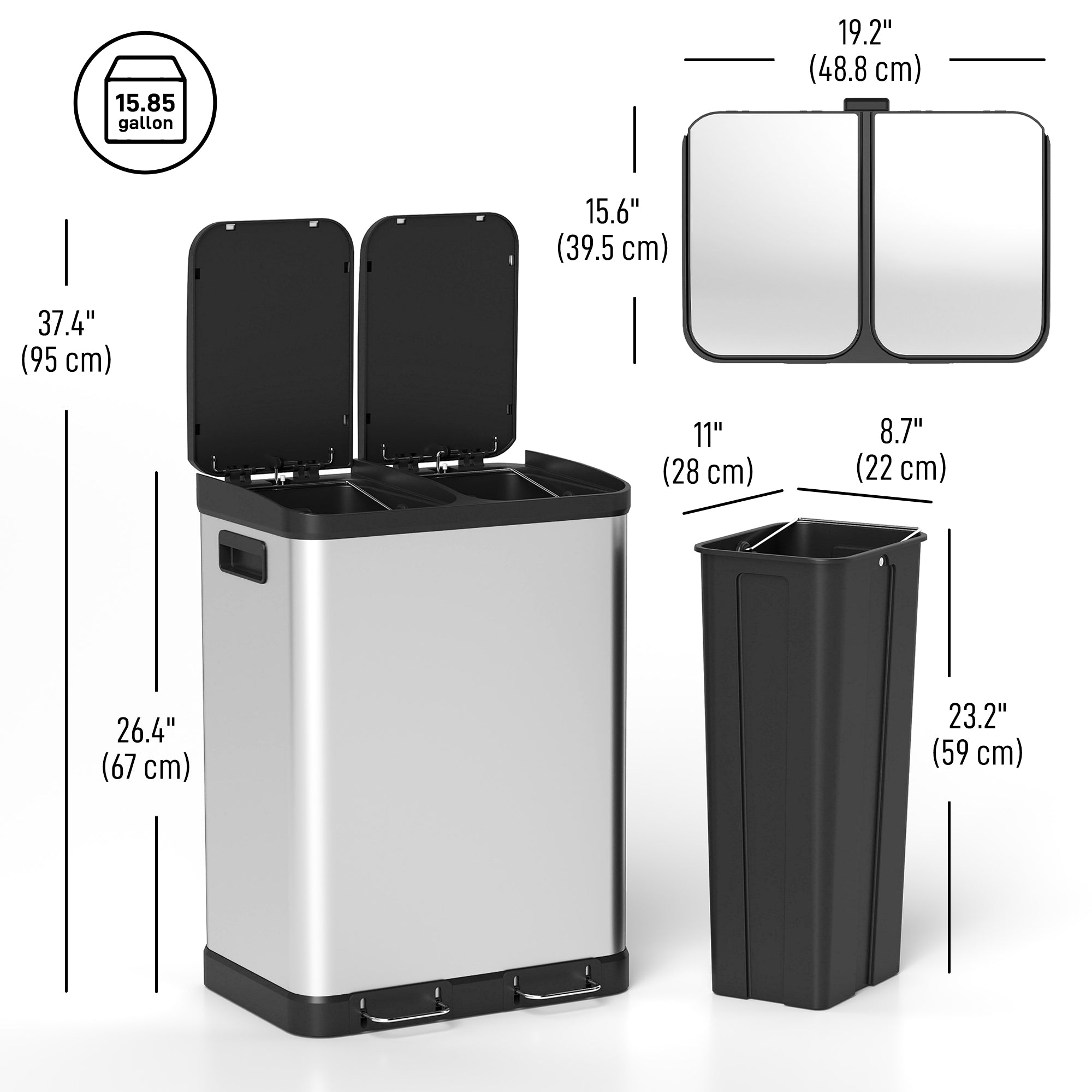 Kitchen Garbage Bin, 2 x 7.9 Gal (2 x 30 L) Trash Can, Soft-Close Garbage Can with Removable Inner Buckets, Silver