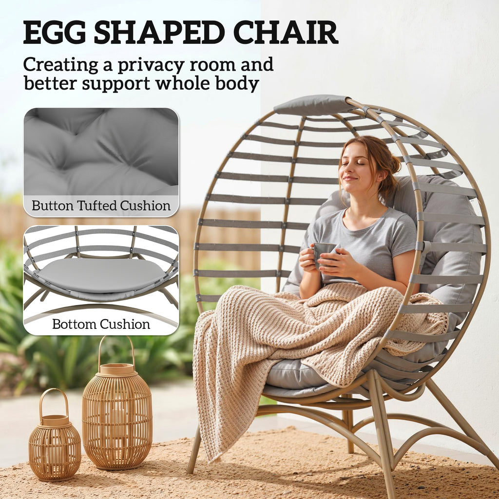 Egg Chair, Patio Lounge Chair, Foldable Basket Chair with Large Seat Cushion, Side Pocket, Light Grey