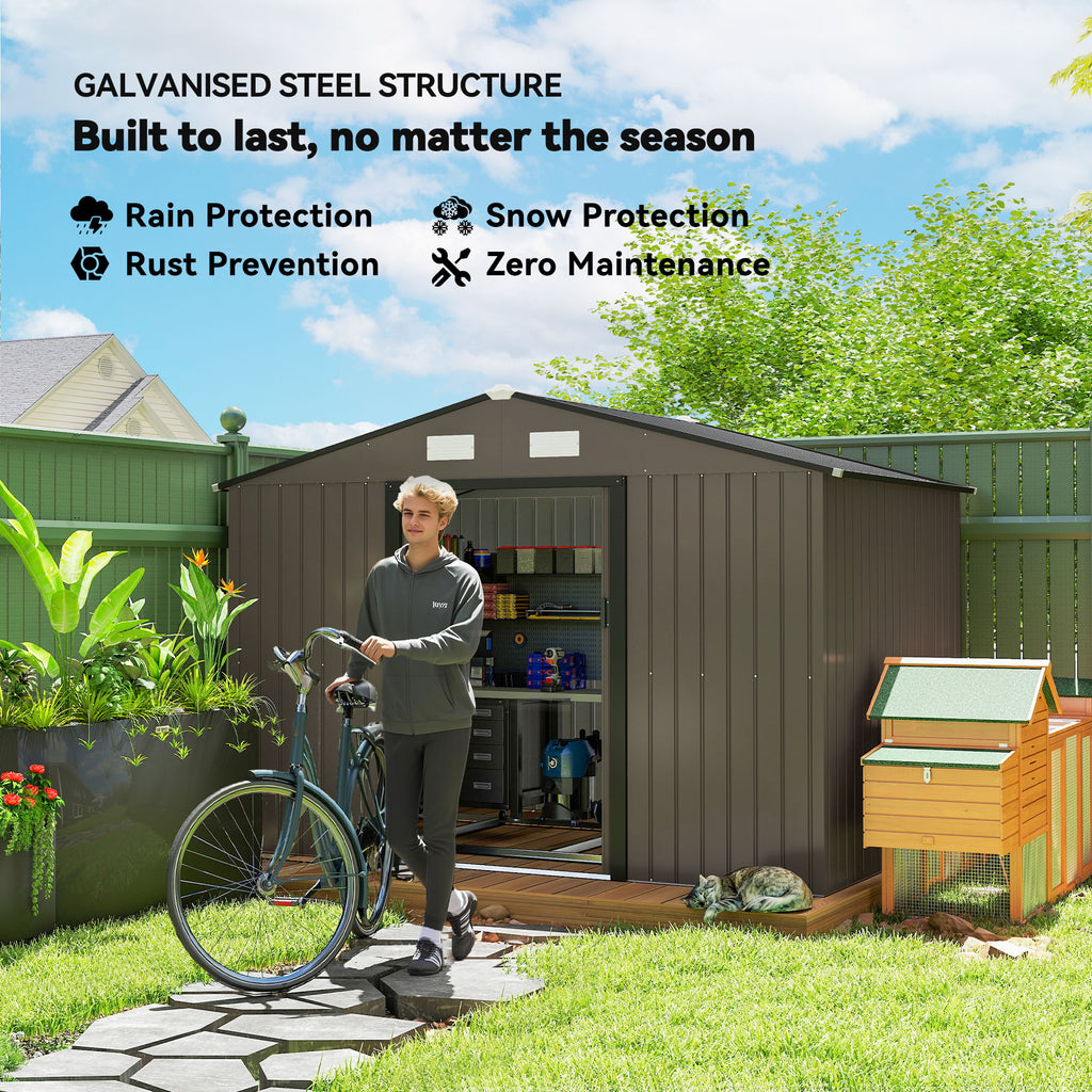 9.1'x6.4'x6.3' Garden Storage Shed w/ Foundation Kit Metal Tool Storage House w/ Double Doors Brown