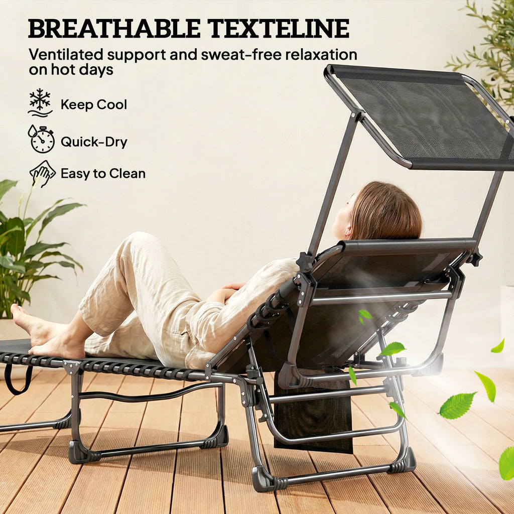 Outdoor Chaise Lounge Chairs, 2 PCS Folding Lounge Chairs with Adjustable 5-Position, Cushion, Canopy, Side Pocket