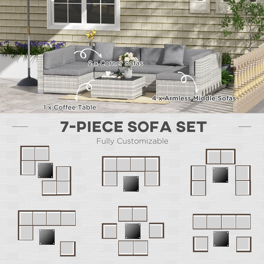 7 Pieces Patio Furniture Set, Rattan Conversation Set Garden Wicker Sofa Set with Washable Cushions and Coffee Table, Grey