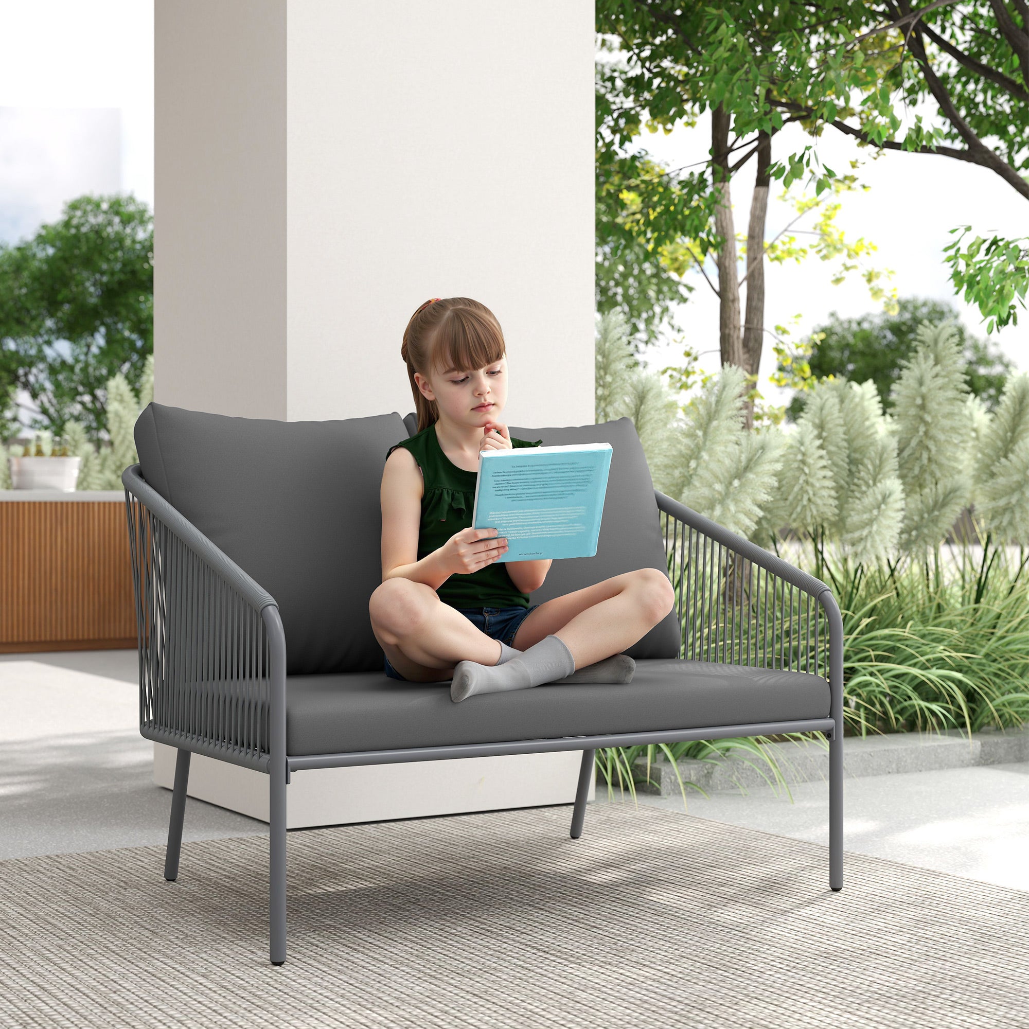 Garden Sofa with Cushions, 2-Seater Outdoor Balcony Rattan Sofa, 112 x 72 x 76 cm, Grey