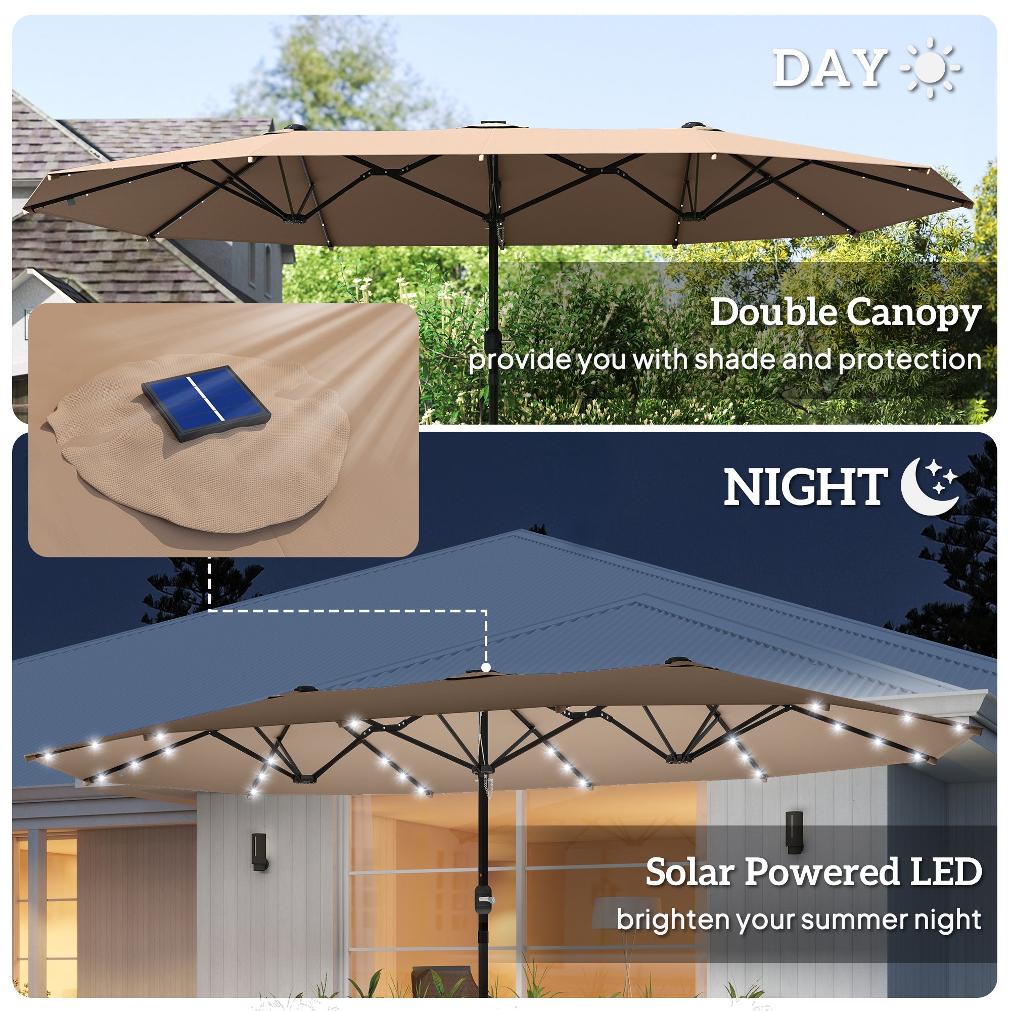 174" Double-Sided Sun Umbrella Garden Parasol Patio Sun Shade Outdoor with LED Solar Light, Khaki