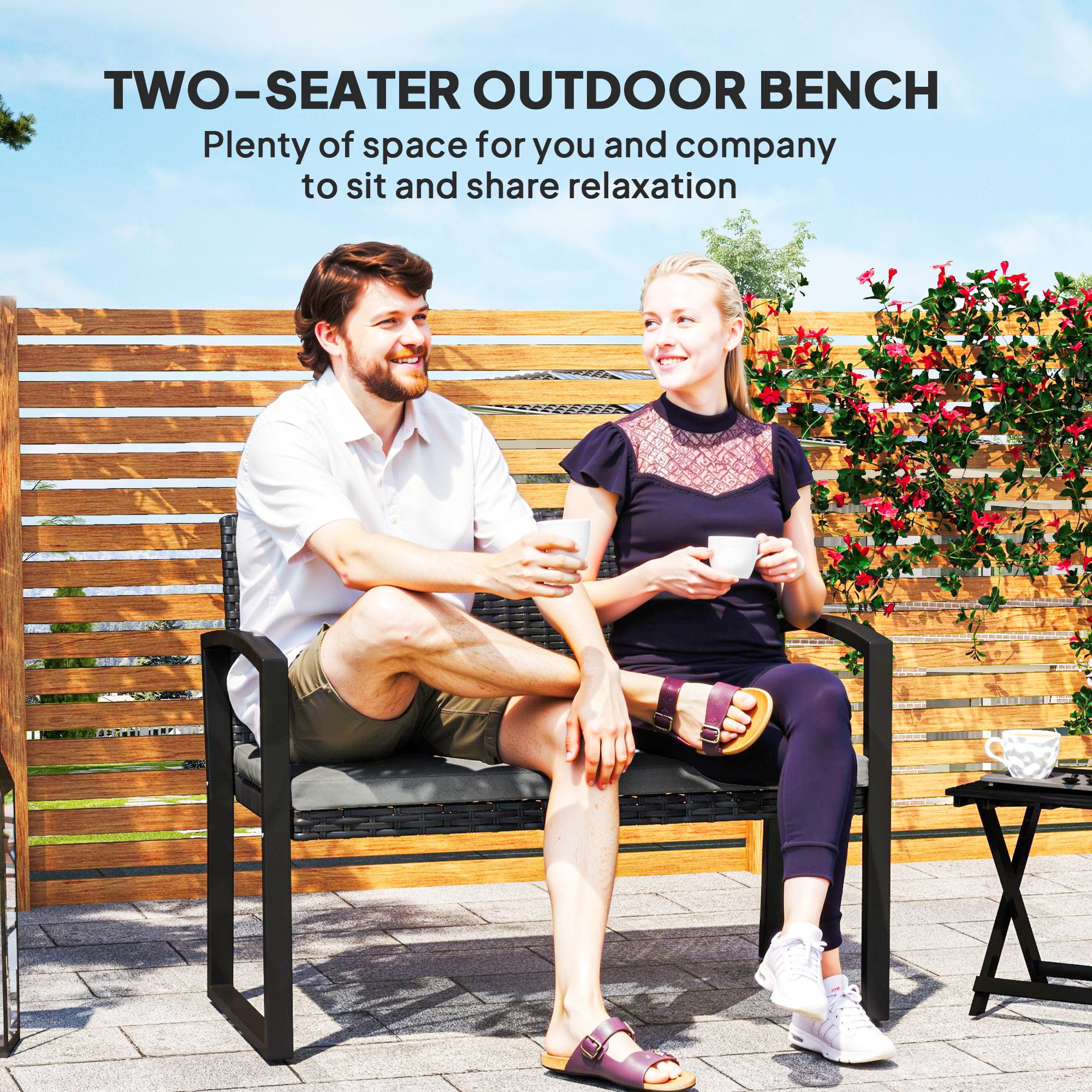 2 Seater Outdoor Bench, Rattan Garden Bench Loveseat with Cushion, Armrests, Steel Frame for Patio, Porch, Light Grey