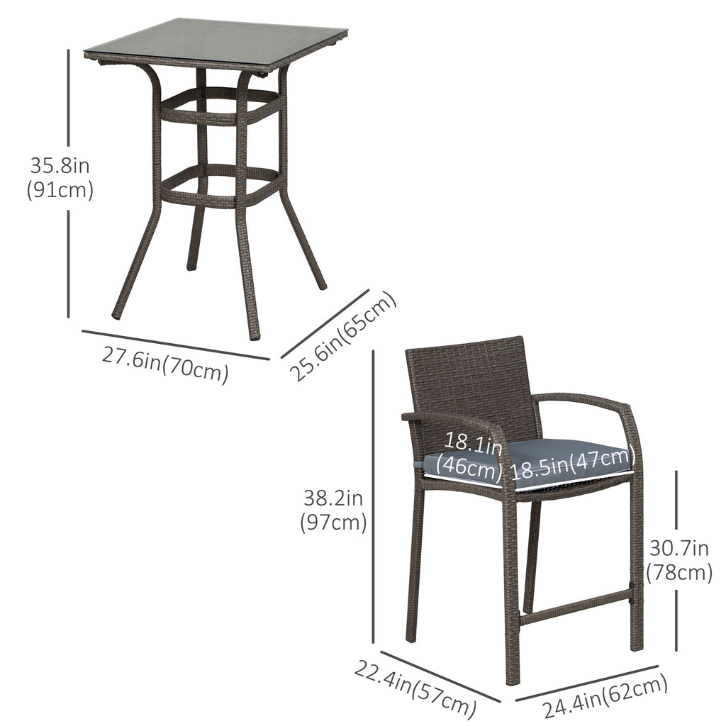 3 Pieces Patio Bar Set Wicker Garden Bistro Set Outdoor Furniture PE Rattan Table and Stools with Seat Cushion, Grey
