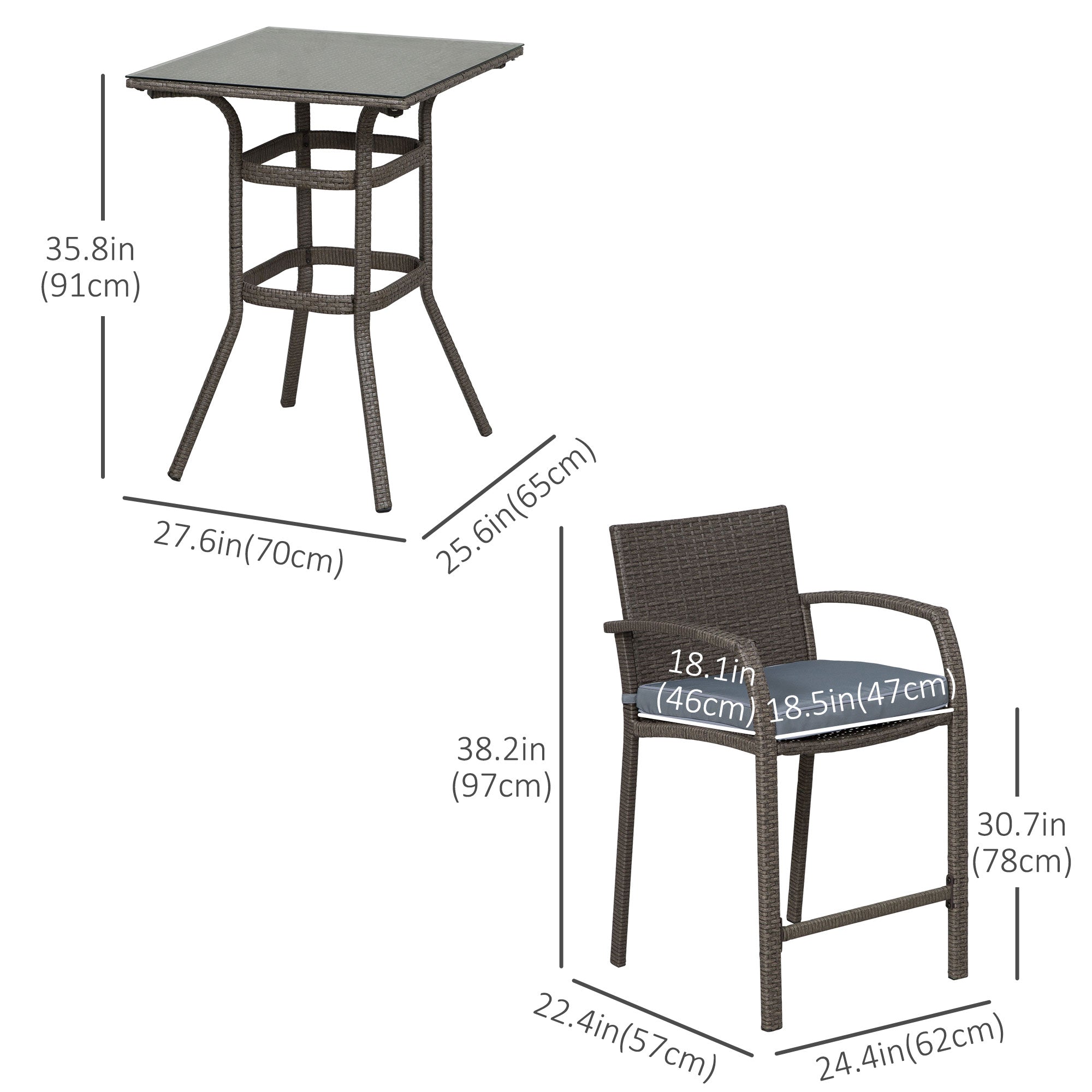 3 Pieces Patio Bar Set Wicker Garden Bistro Set Outdoor Furniture PE Rattan Table and Stools with Seat Cushion, Grey