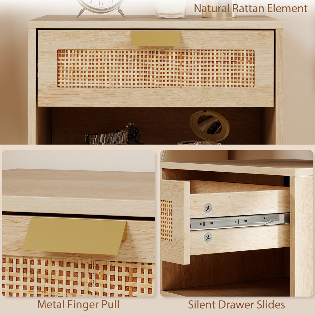 Floating Bedside Table Set of 2, Wall Mount Nordic Nightstands with Storage Drawer and Open Shelf for Bedroom, Oak