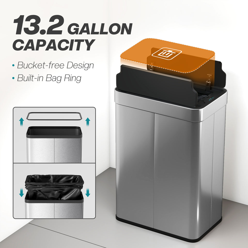 14.5 Gal (55 L) Sensor Can, Garbage Can with Soft-Close Butterfly Lid, Fingerprint-Proof Stainless Steel, Silver