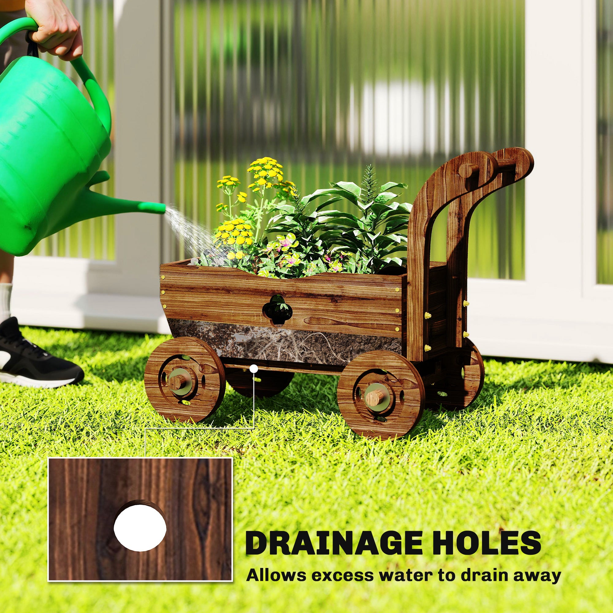 Wagon Flower Planter Cart with Wheels, Garden Wagon with Handle for Outdoor Patio Yard, Carbonized