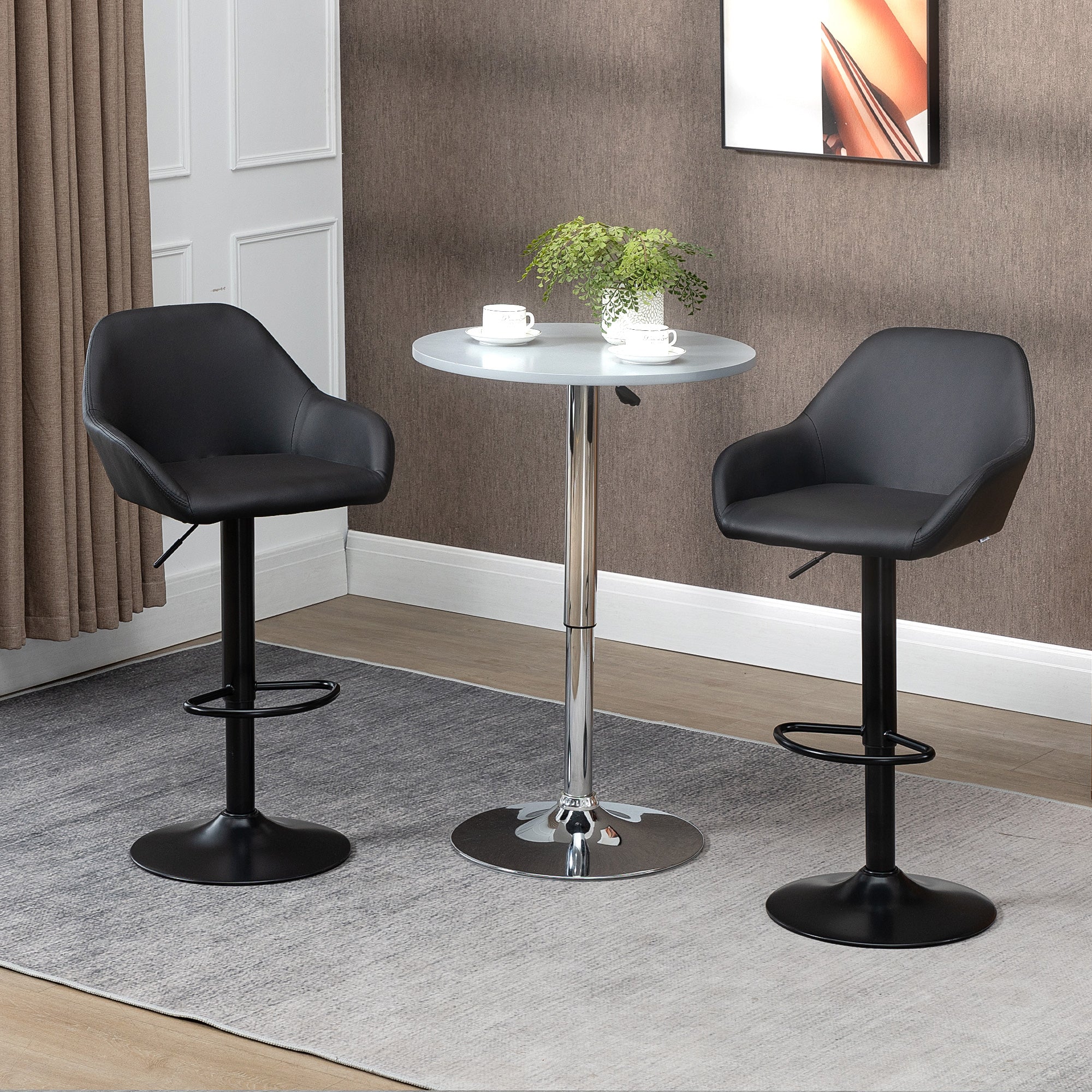 Adjustable Bar Stools Set of 2, Swivel Barstools with Footrest and Back, PU Leather and Steel Round Base, Black