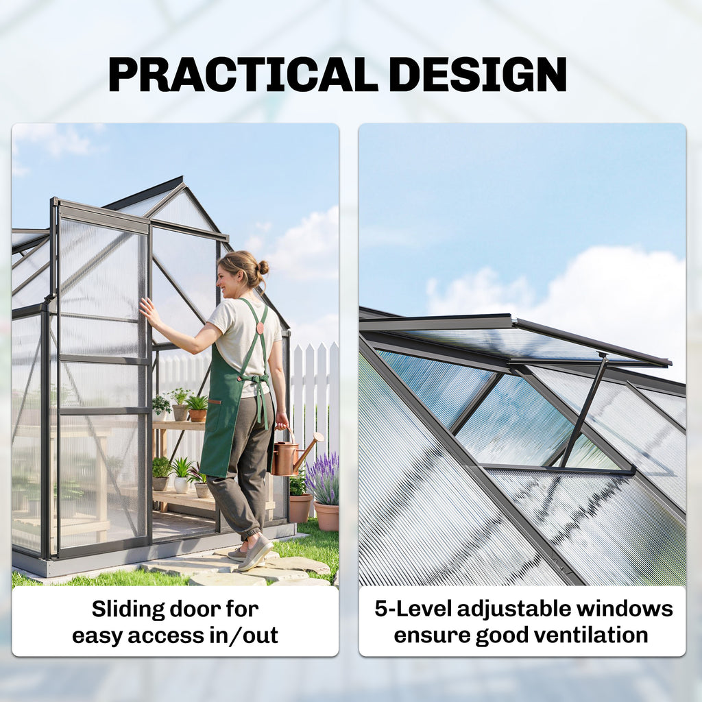 6' x 12' x 6.5' Polycarbonate Greenhouse, Walk-in Green House with Aluminum Frame Adjustable Roof Vent Galvanized Base Sliding Door Rain Gutter for Outdoor Garden, Grey
