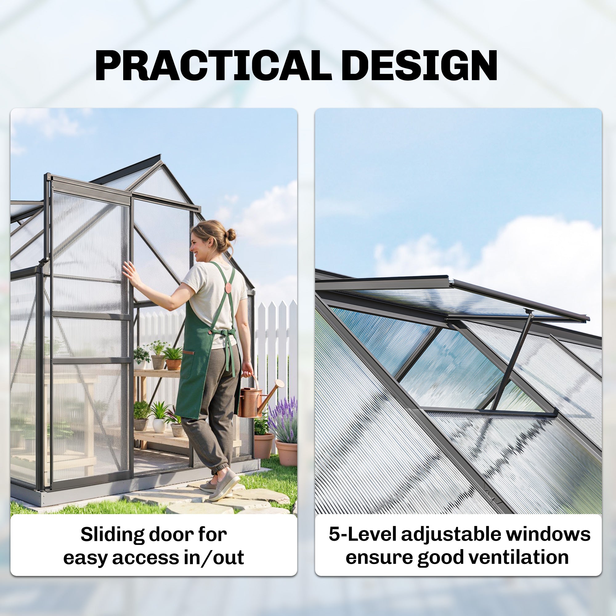 6' x 12' x 6.5' Polycarbonate Greenhouse, Walk-in Green House with Aluminum Frame Adjustable Roof Vent Galvanized Base Sliding Door Rain Gutter for Outdoor Garden, Grey