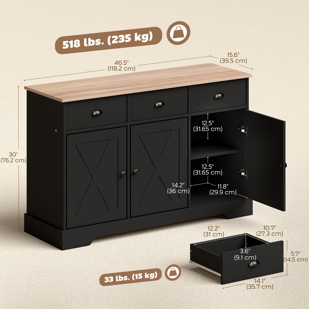 46.5" Buffet Cabinet, Farmhouse Sideboard with 3 Barn Doors and 3 Drawers for Living Room, Kitchen, Black