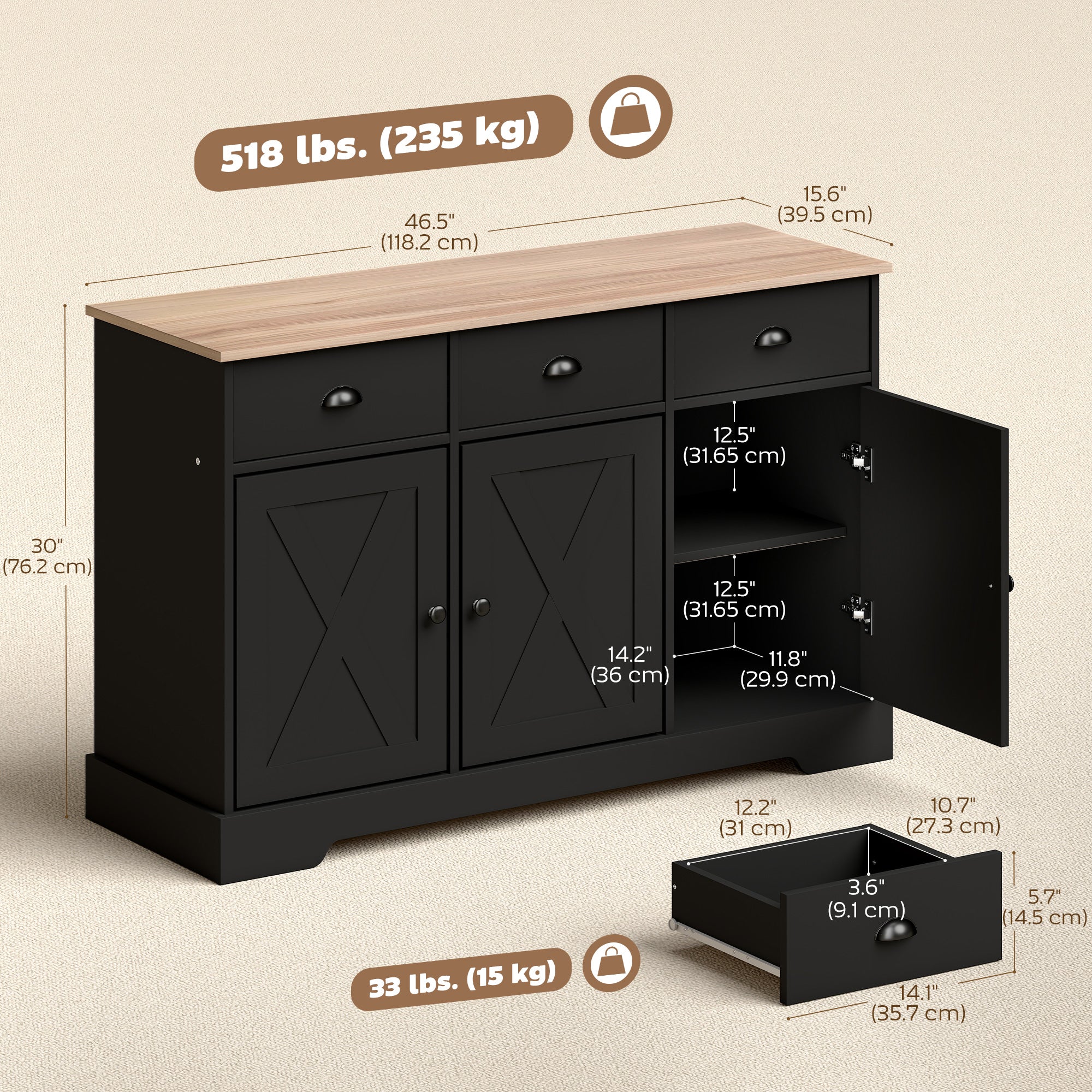 46.5" Buffet Cabinet, Farmhouse Sideboard with 3 Barn Doors and 3 Drawers for Living Room, Kitchen, Black