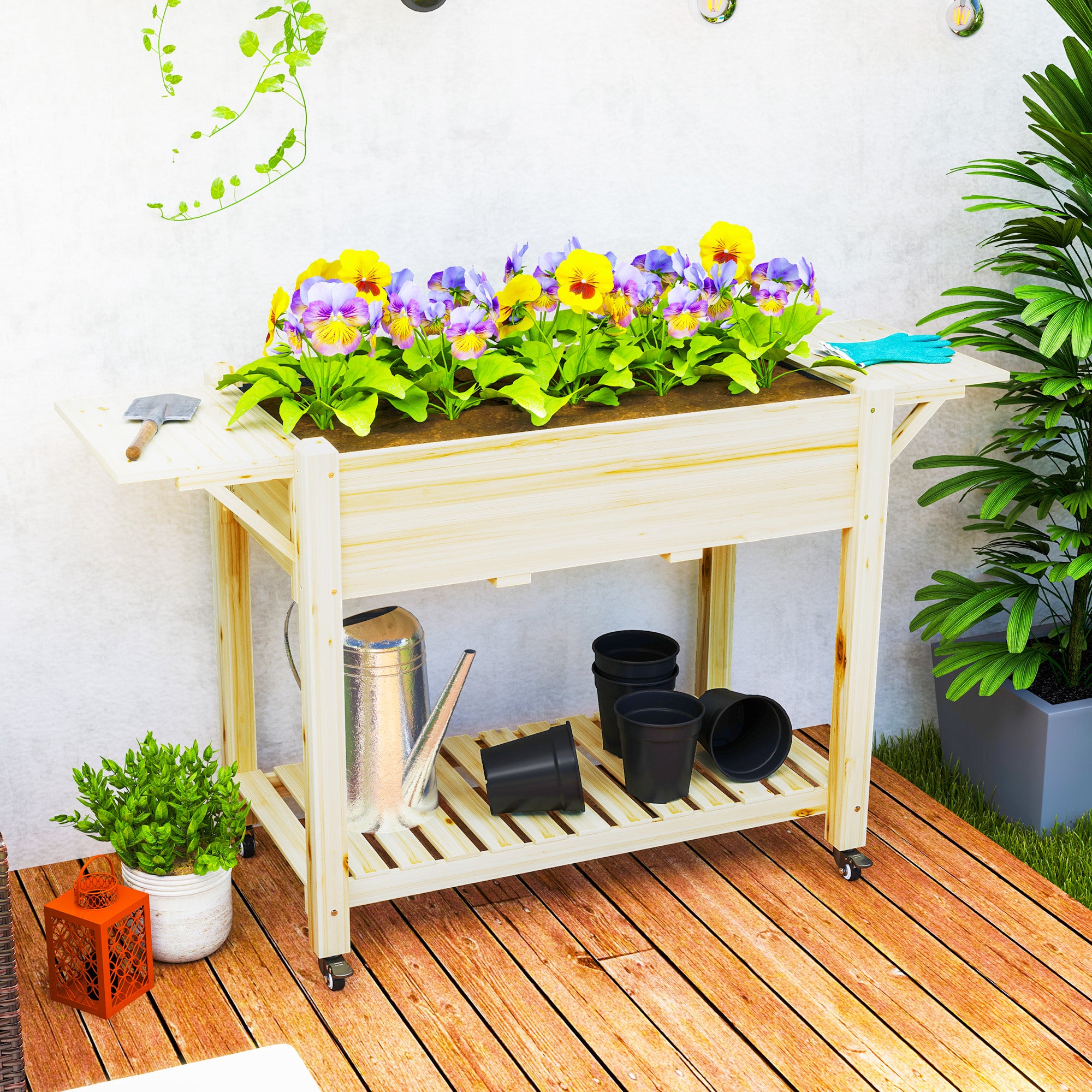 Raised Garden Bed, Wood Planter Box with Lockable Wheels, Side Tables, Bottom Shelf, Bed Liner, Drain Holes, Natural