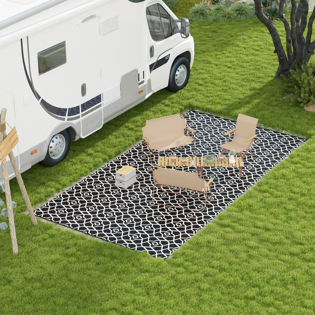 Reversible Outdoor Rug, Waterproof Plastic Straw RV Rug with Carry Bag, 9' x 18', Black and White Clover