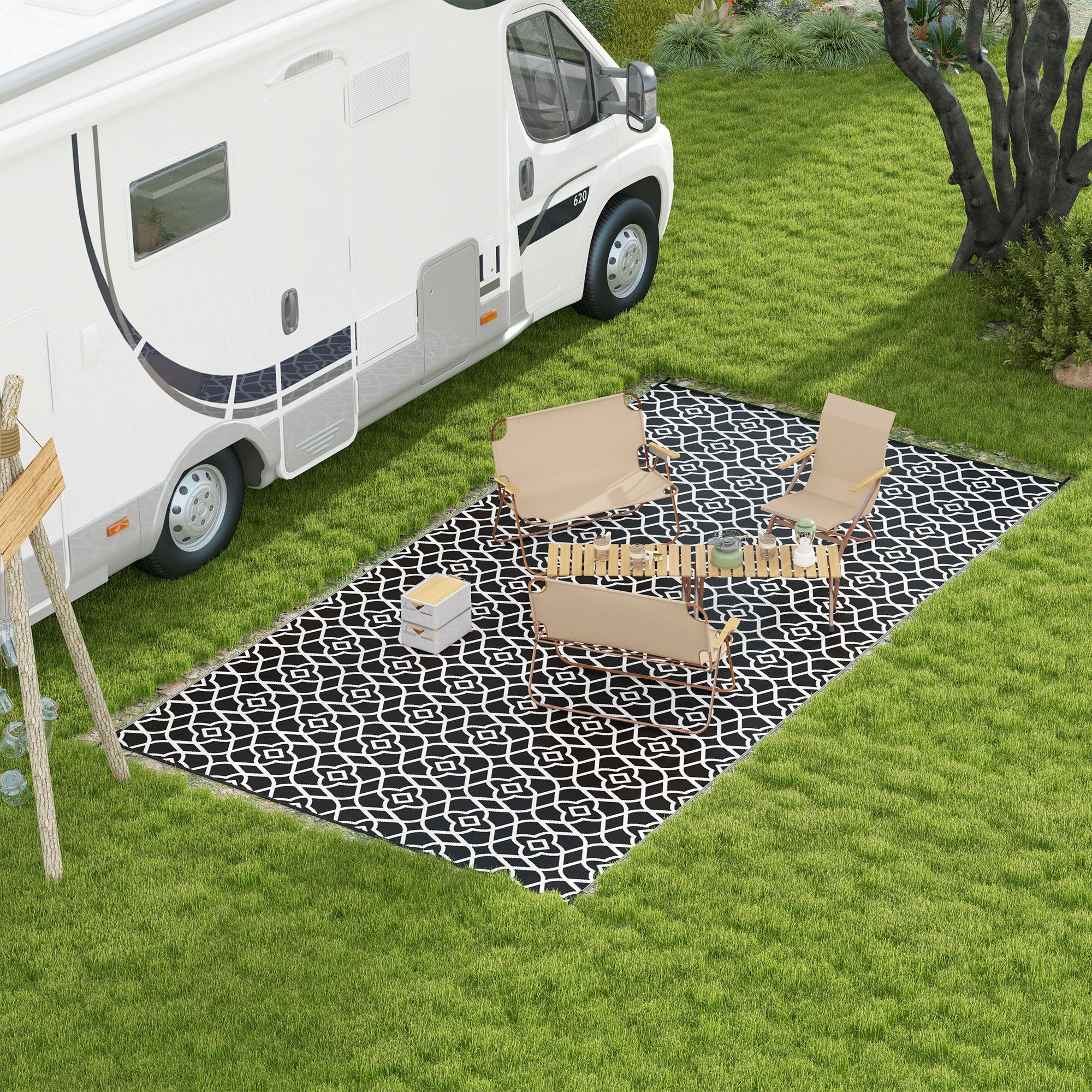 Reversible Outdoor Rug, Waterproof Plastic Straw RV Rug with Carry Bag, 9' x 18', Black and White Clover