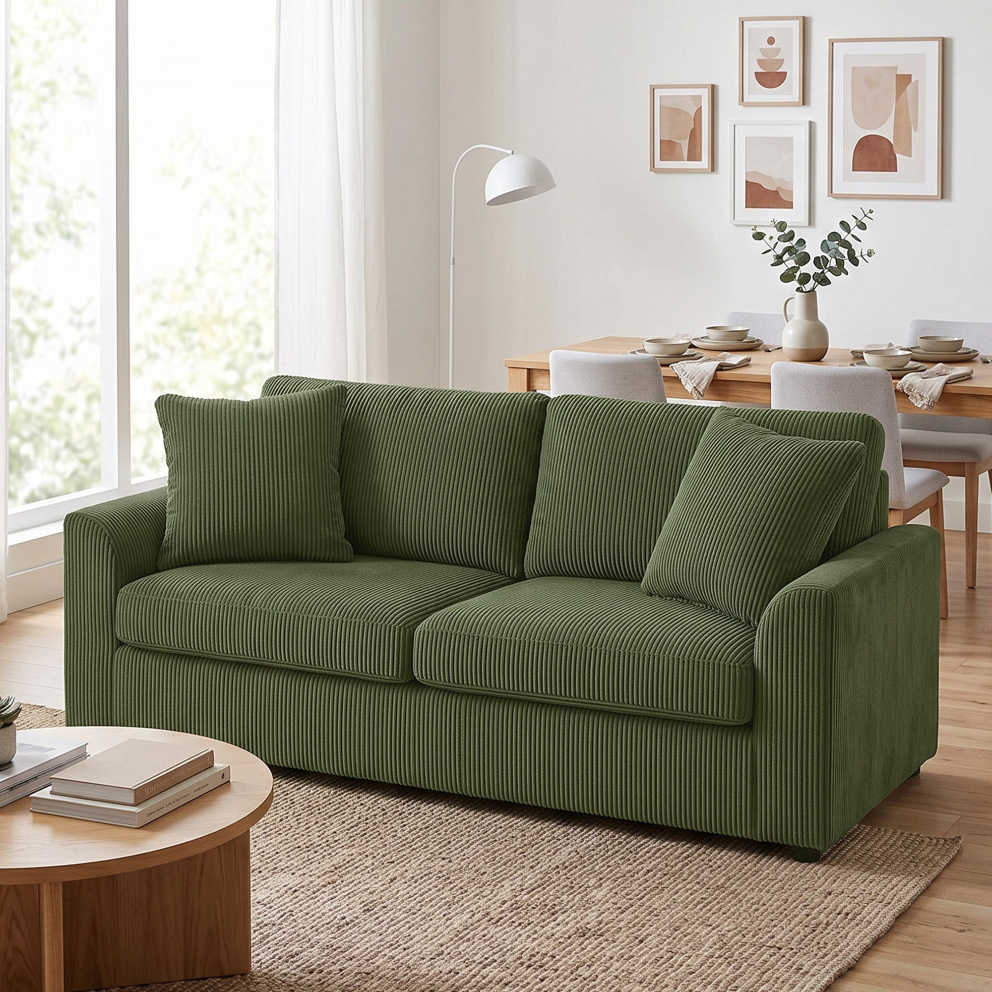 3 Seater Sofa, 83.5" Modern Upholstered Couch with Pocket Spring and 2 Scatter Cushions for Living Room, Green