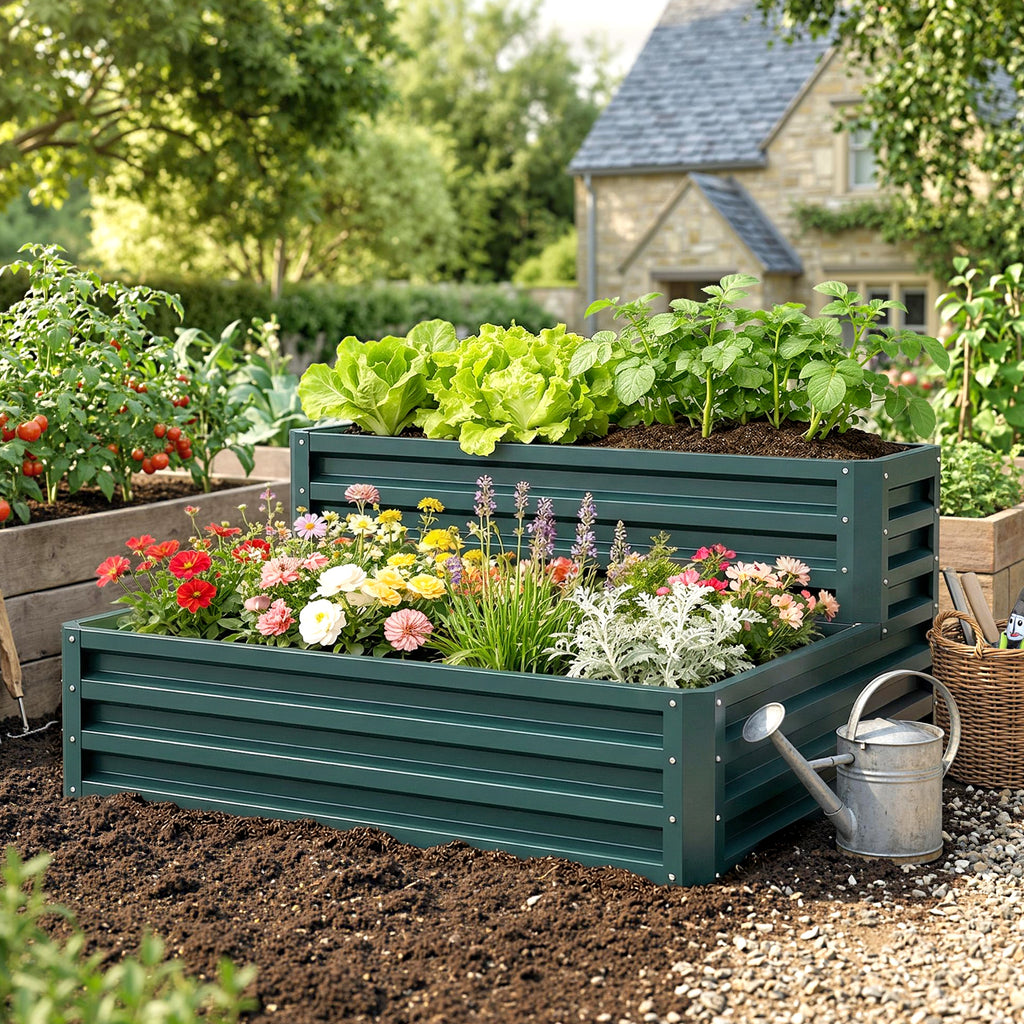 2 Tier Galvanized Raised Garden Bed, Steel Planter Box for Vegetables, Flowers, Herbs, 47" x 40" x 23", Green