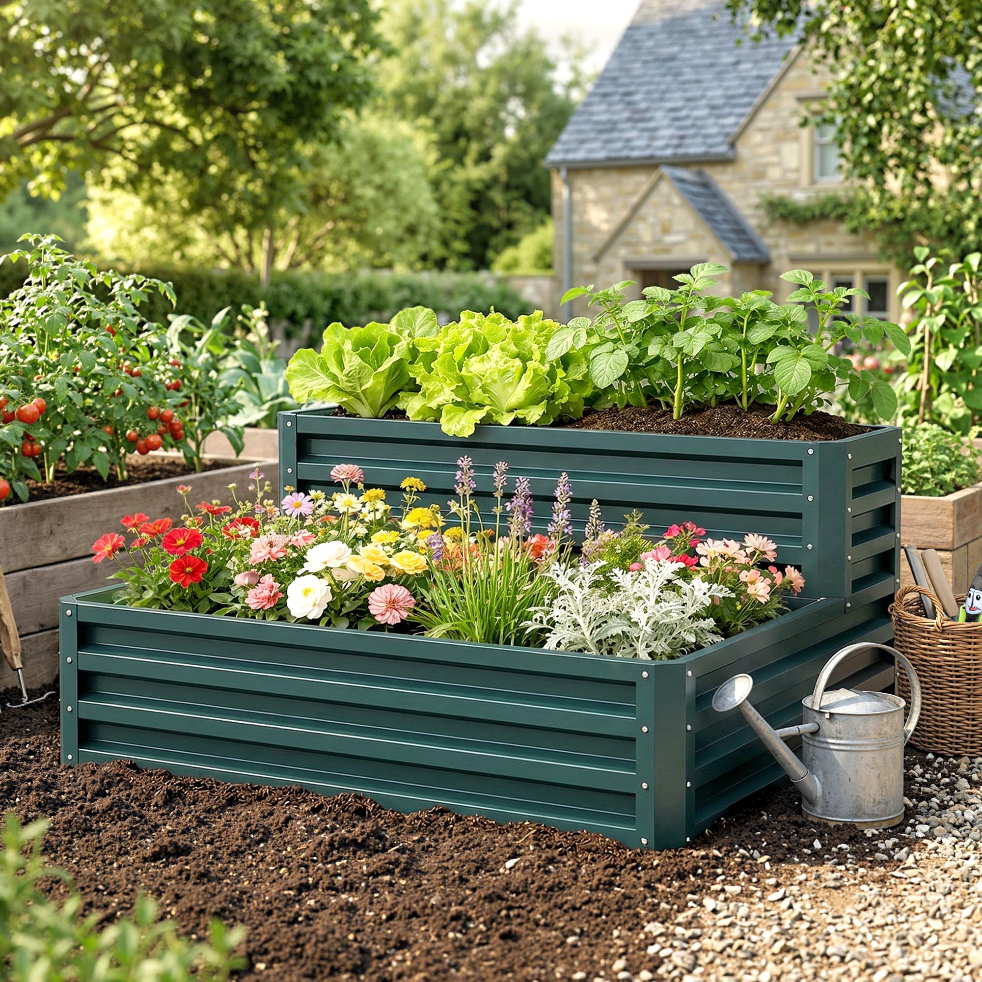 2 Tier Galvanized Raised Garden Bed, Steel Planter Box for Vegetables, Flowers, Herbs, 47" x 40" x 23", Green