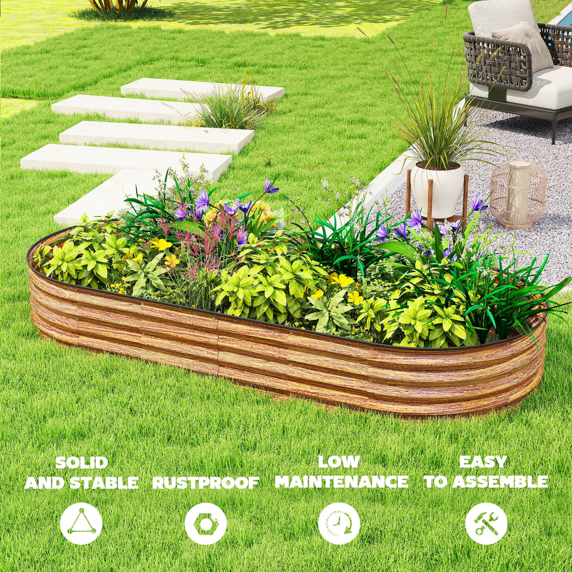 7' x 3' x 1' Large Outdoor Planter Box, Galvanized Raised Garden Bed with Metal Plant Stake, Brown