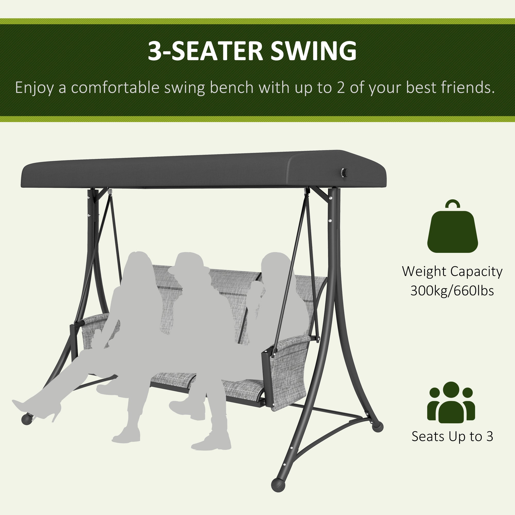 3 Person Outdoor Porch Swing Chair with Adjustable Canopy, Mixed Grey