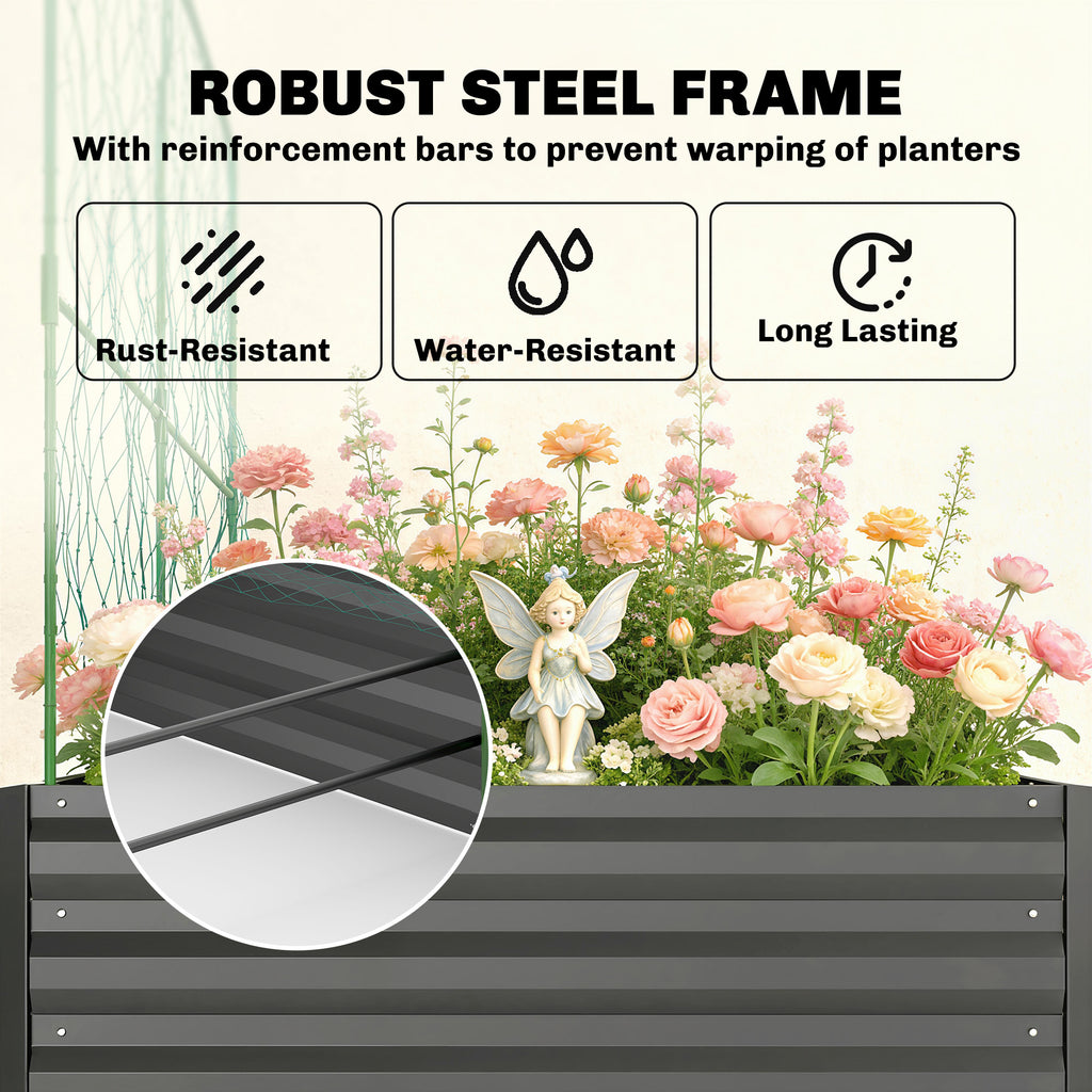 Metal Raised Garden Bed with Trellis, Galvanized Garden Bed Kit Outdoor Garden Box with Trellis, Dark Grey