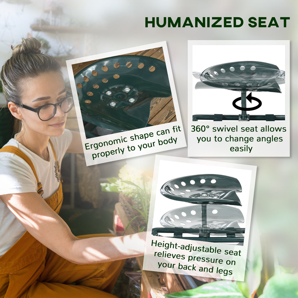 Garden Cart Garden Seat on Wheels with Tool Tray, 360Â° Swivel and Height Adjustable Seat, for Patio and Yard