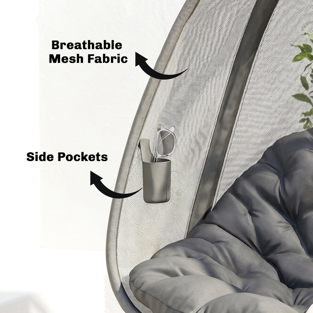 Hanging Egg Chair, Outdoor Indoor Swing Chair with Stand, Folding Basket and Thickened Cushion, Grey