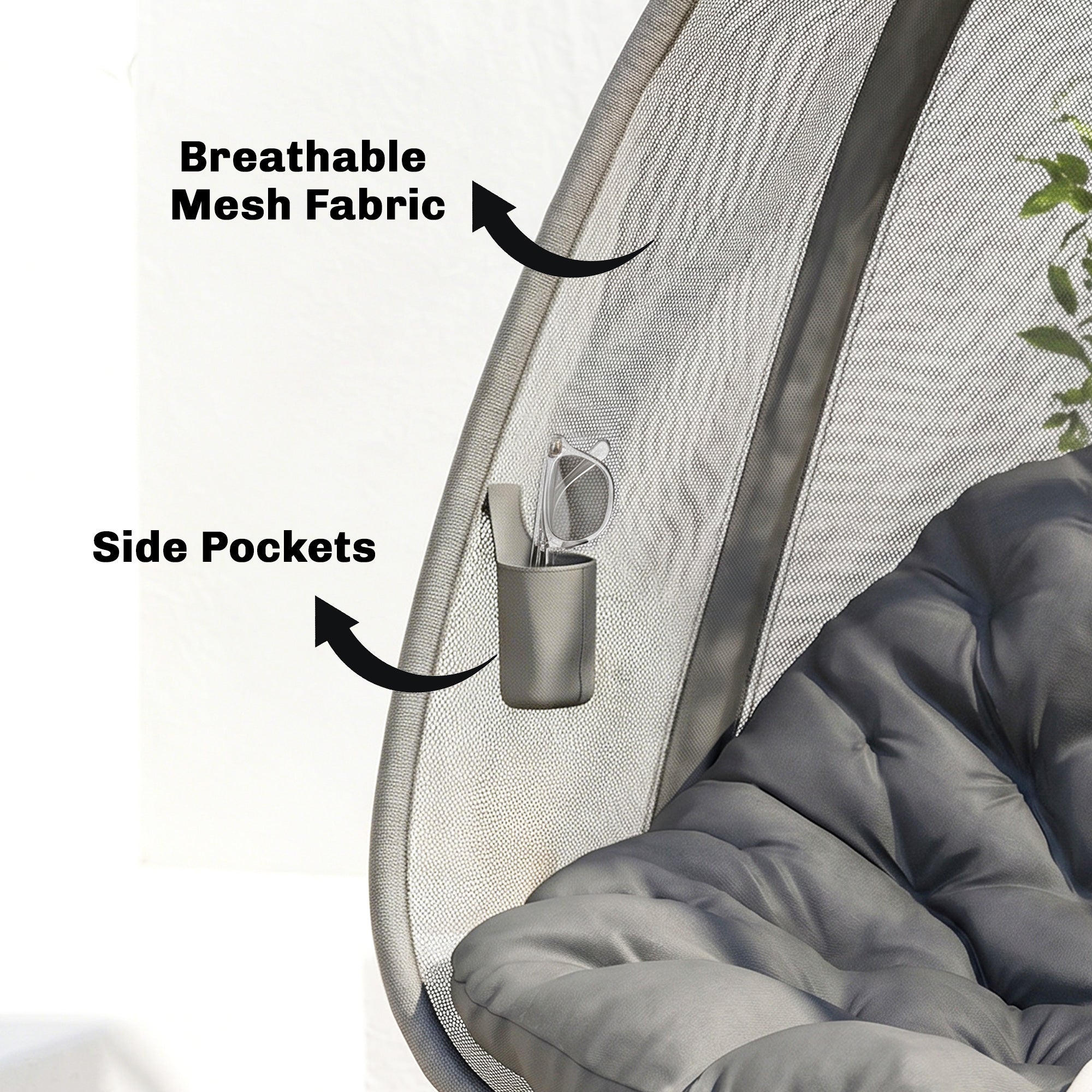 Hanging Egg Chair, Outdoor Indoor Swing Chair with Stand, Folding Basket and Thickened Cushion, Grey