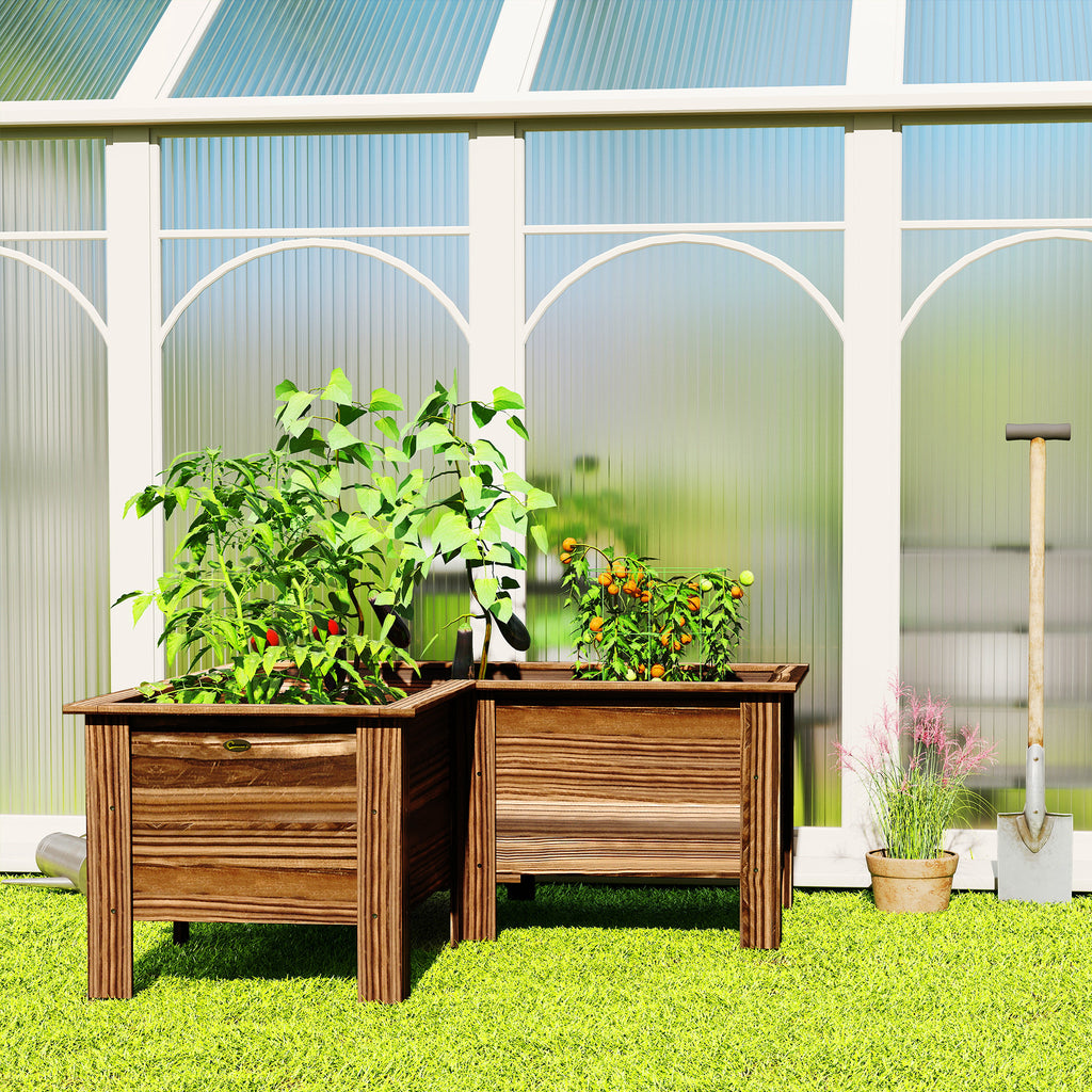 Raised Garden Bed, Wooden Elevated Planter Box Outdoor with Legs, for Vegetables, Flowers, Herbs, L-shaped, Carbonized