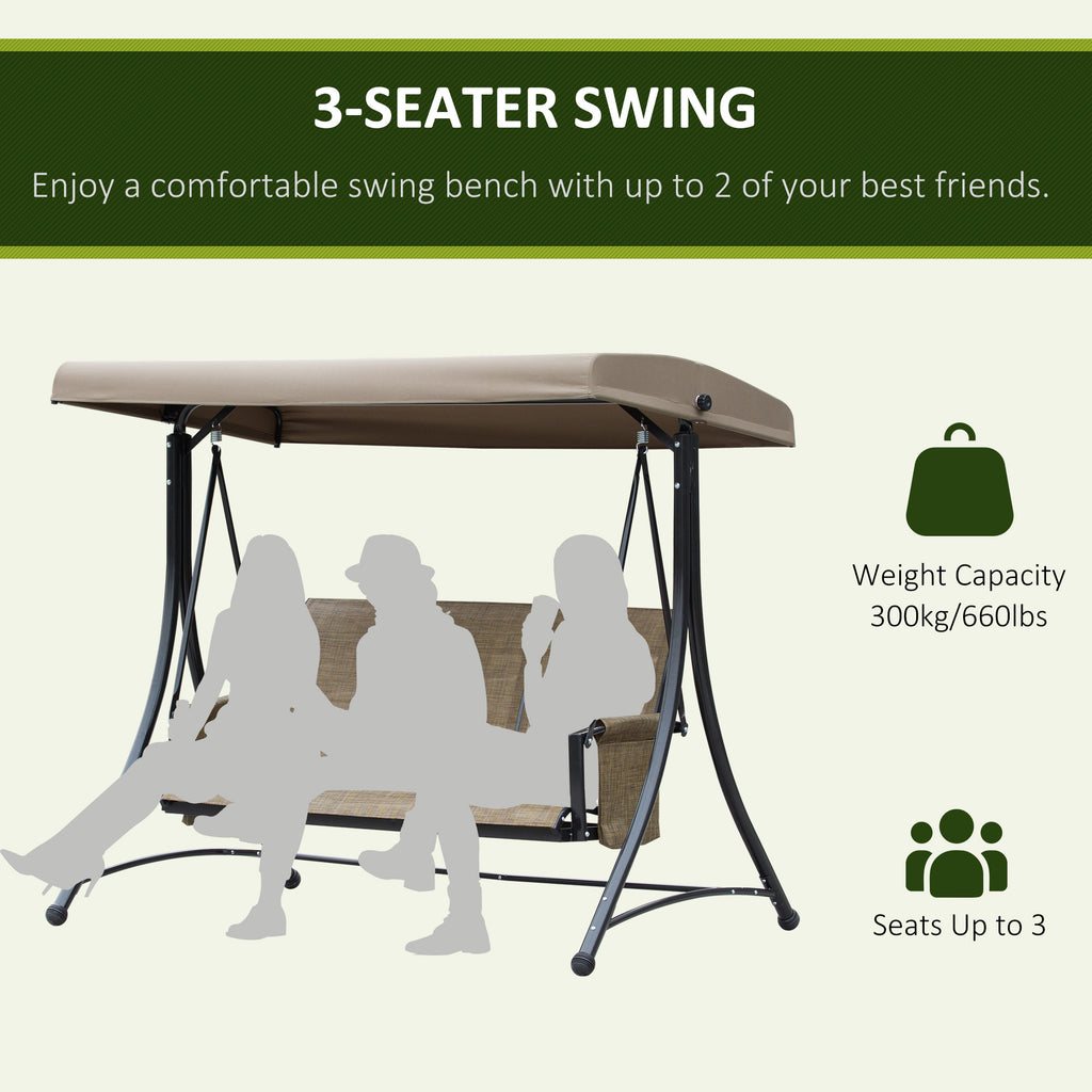 3 Person Porch Swing Outdoor Swing Chair with High Back Design, Side Pouches and Adjustable Canopy, Brown