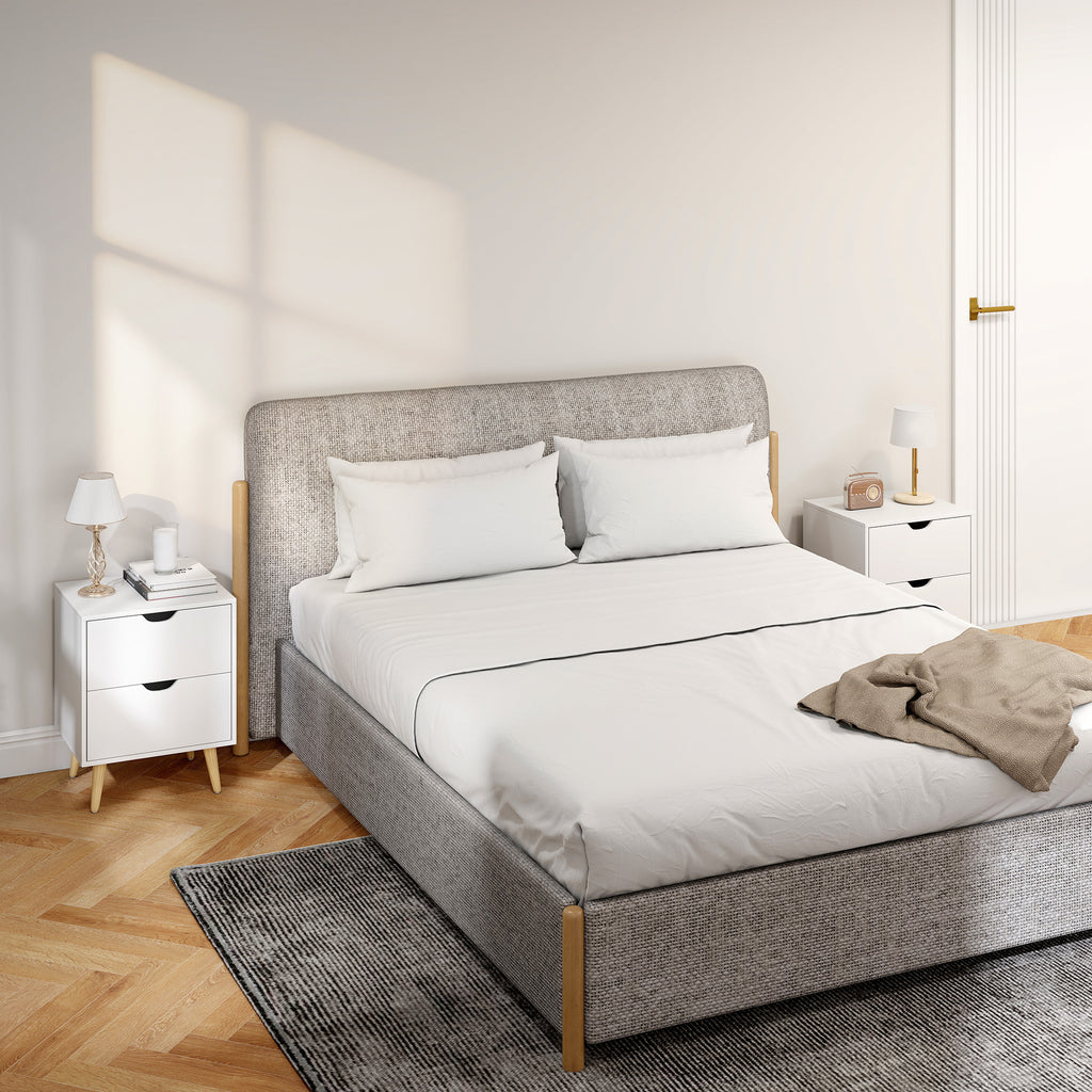 Modern Bedside Table Set of 2, Nightstand with 2 Drawers and Pine Wood Legs for Bedroom, White