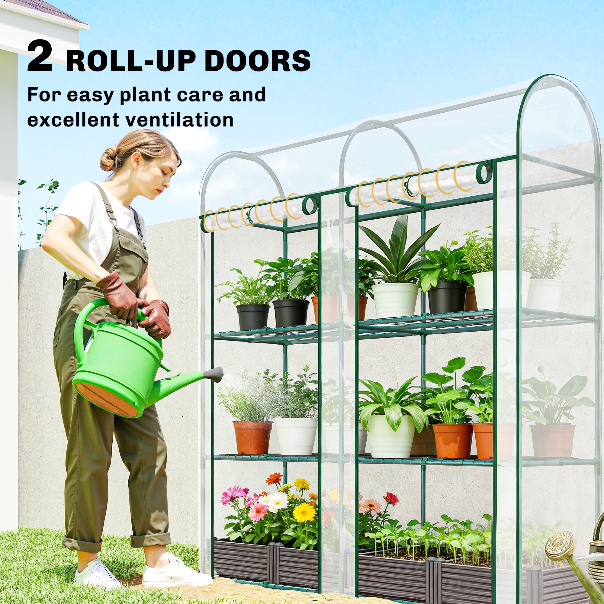 3 Tier Mini Greenhouse, Portable Greenhouse with 2 Roll-up Doors, 56.3" x 18.1" x 64.6", Clear