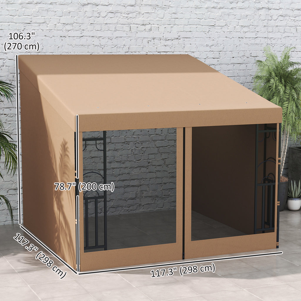 10' x 10' Wall Pergola with 2 Curtains and 2 Nettings UV Resistant Gazebo for Patio, Deck, Khaki