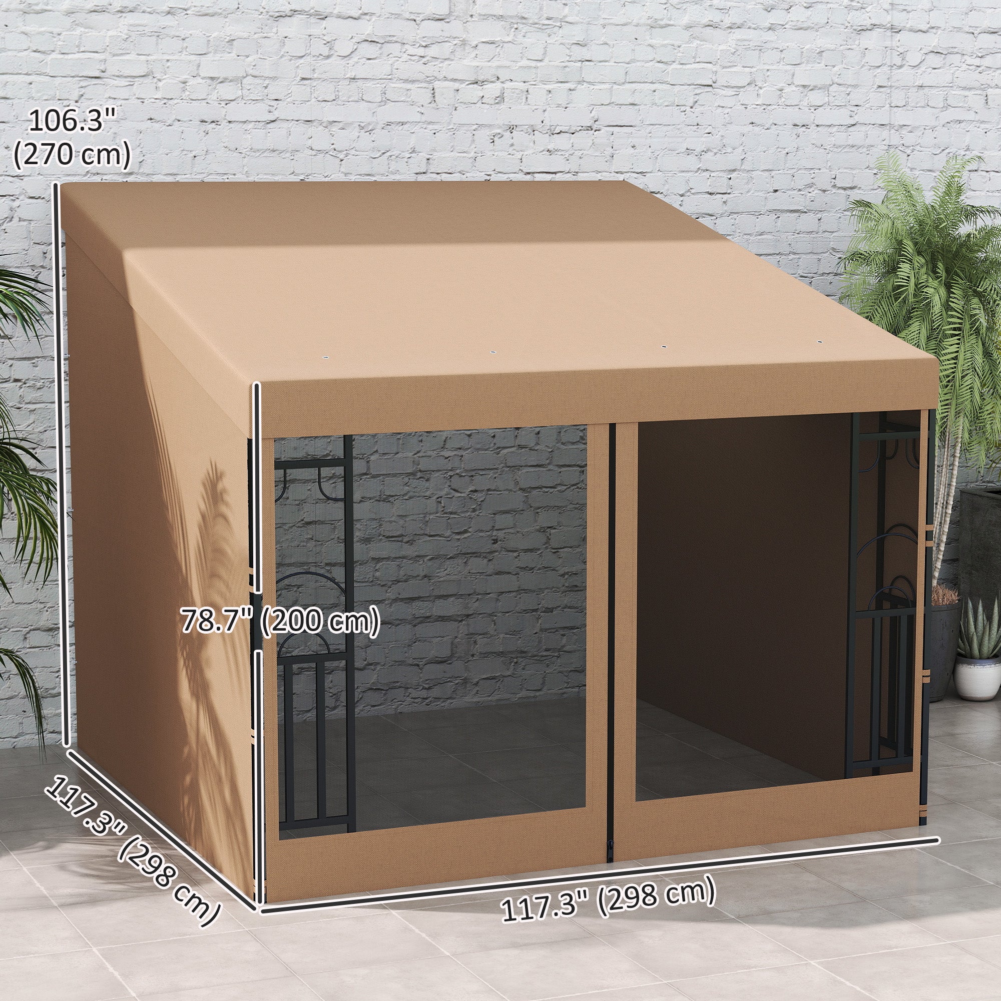 10' x 10' Wall Pergola with 2 Curtains and 2 Nettings UV Resistant Gazebo for Patio, Deck, Khaki
