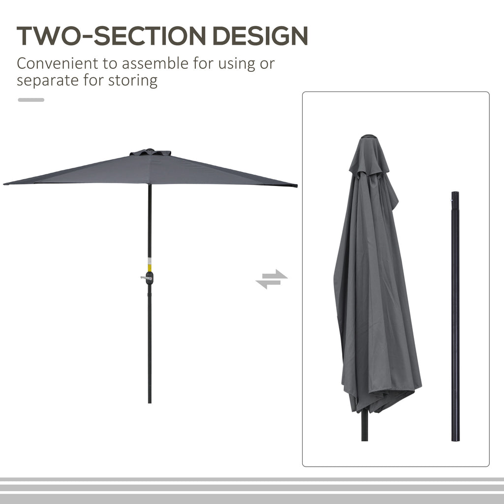 9.8ft Half Umbrella Semi Round Patio Parasol with Crank Handle, Top Vent for Garden, Balcony- NO BASE INCLUDED, Grey