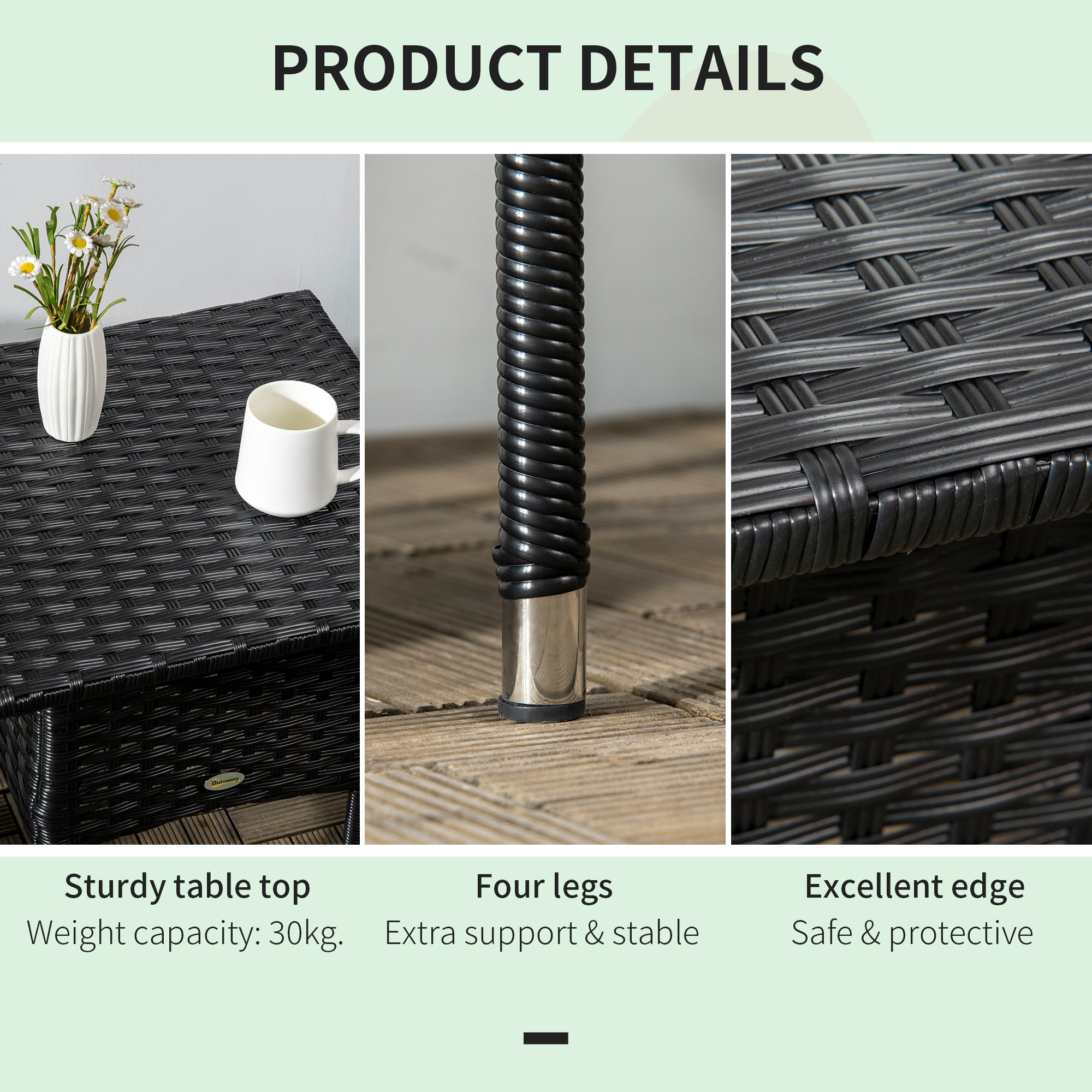 20" Patio Wicker Coffee Table, Outdoor Coffee Table with Plastic Board Underneath the Woven Tabletop for Patio, Garden, Balcony, Black