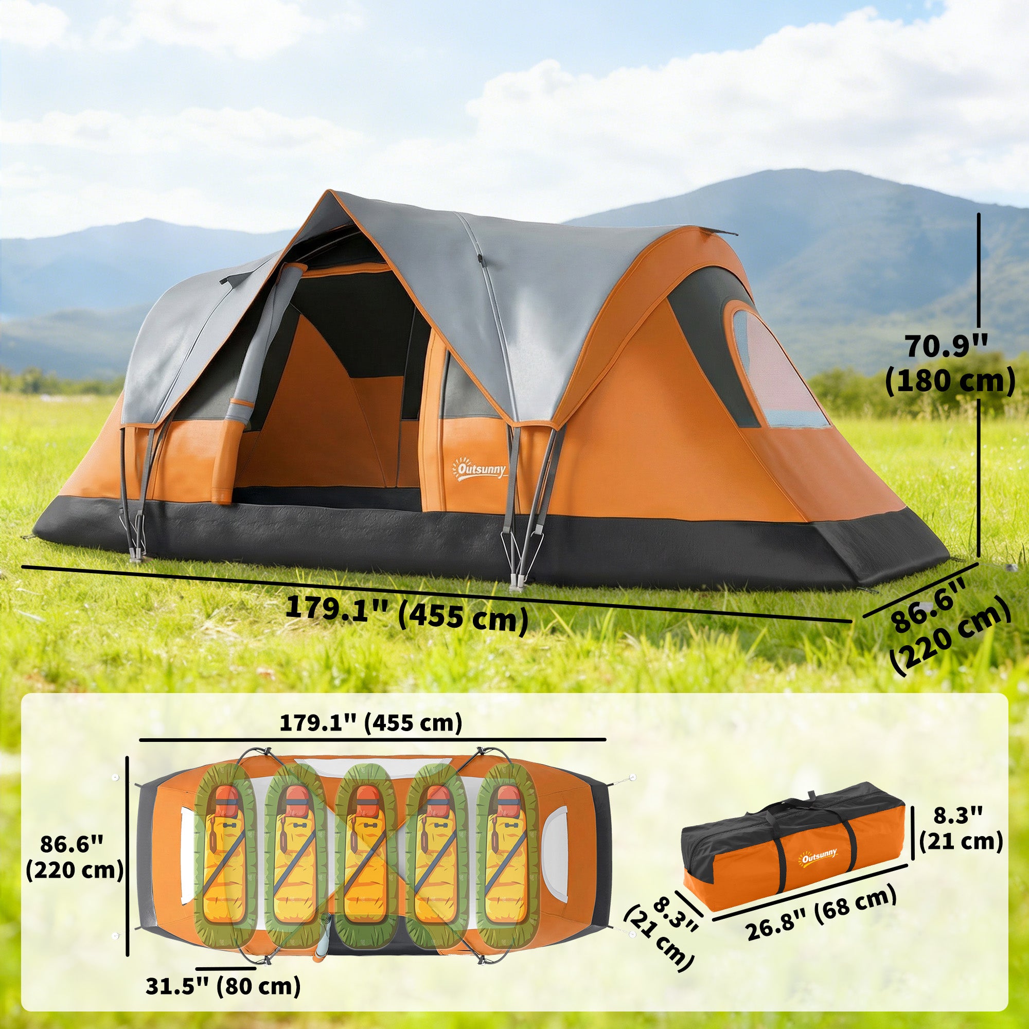 5 Person Family Tent, Outdoor Camping Tent with Lighting Hook, Carrying Bag for Camping, Hiking and Travelling, Orange