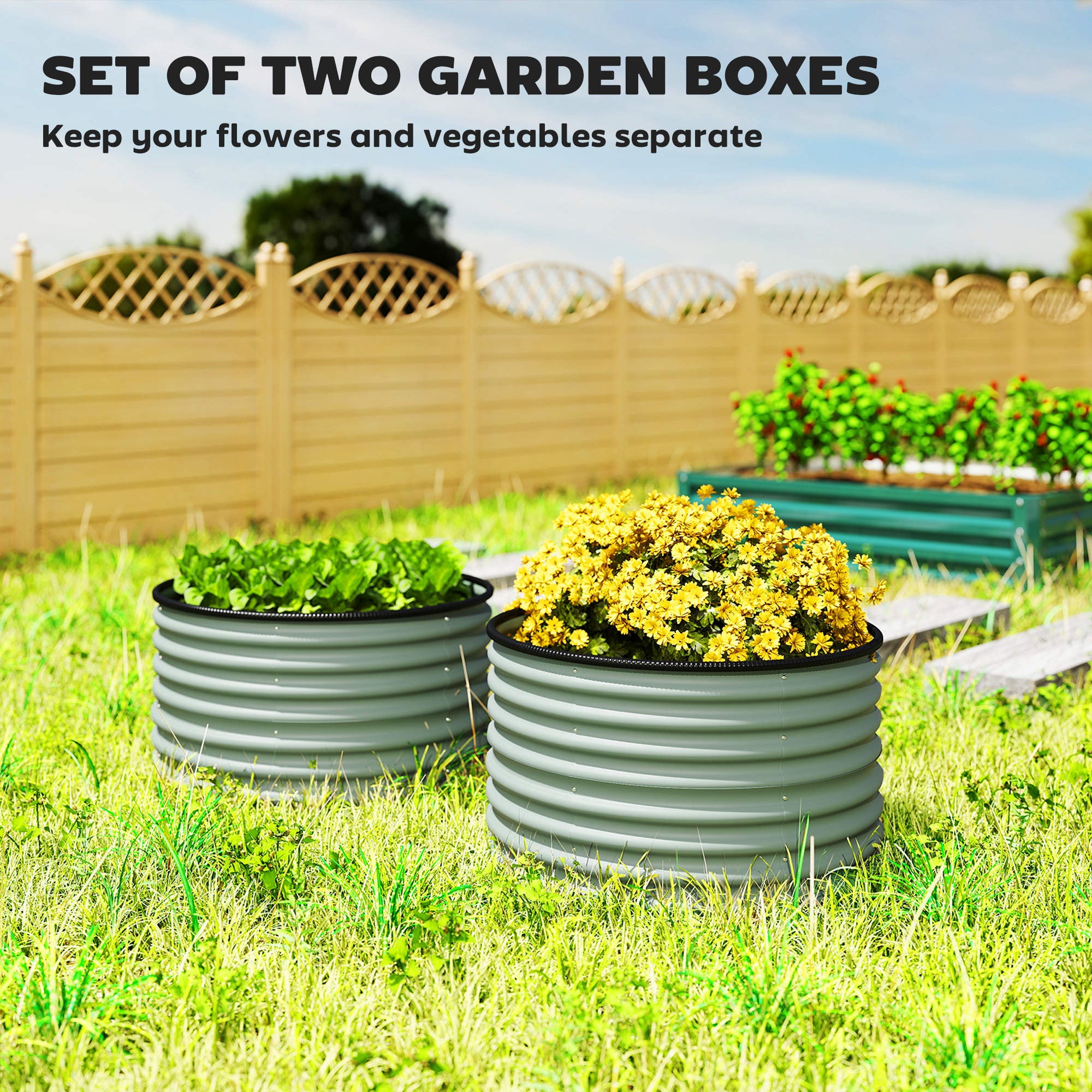 Set of 2 Raised Garden Bed, Metal Planter Box with Safety Edging, Easy-to-assemble Stock Tank, Green