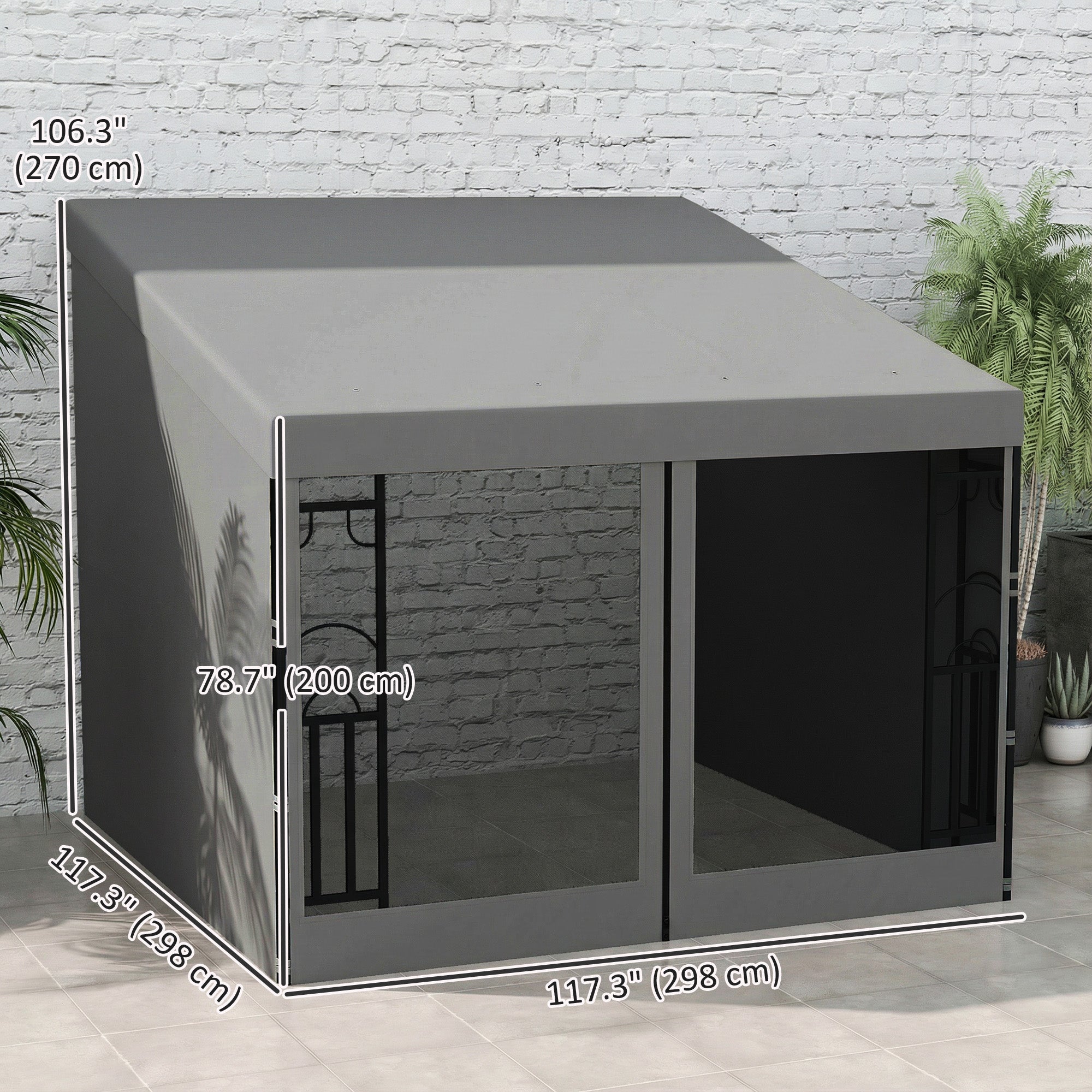 10' x 10' Wall Pergola with 2 Curtains and 2 Nettings UV Resistant Gazebo for Patio, Deck, Dark Grey