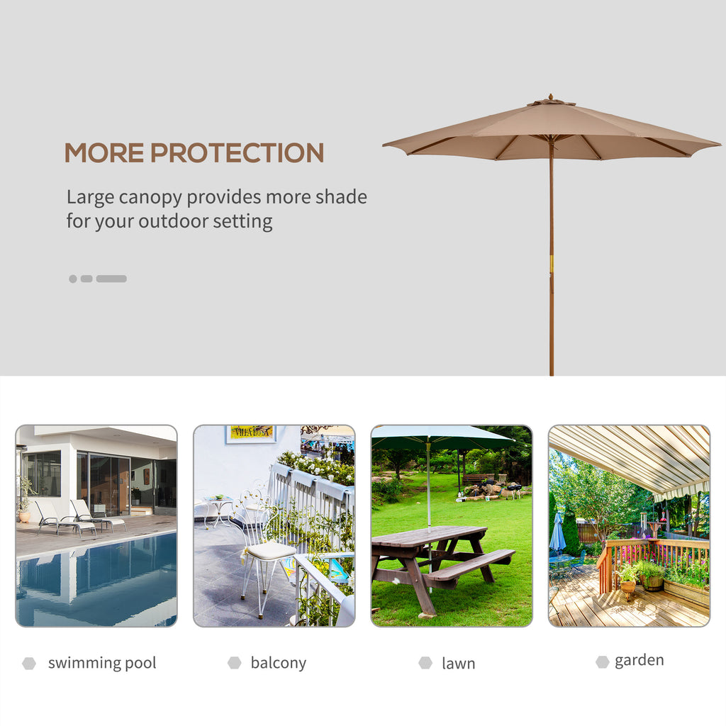 10' x 8' Wooden Patio Umbrella, Garden Parasol, Outdoor Sunshade Canopy with Bamboo Rib for Outdoor, Khaki