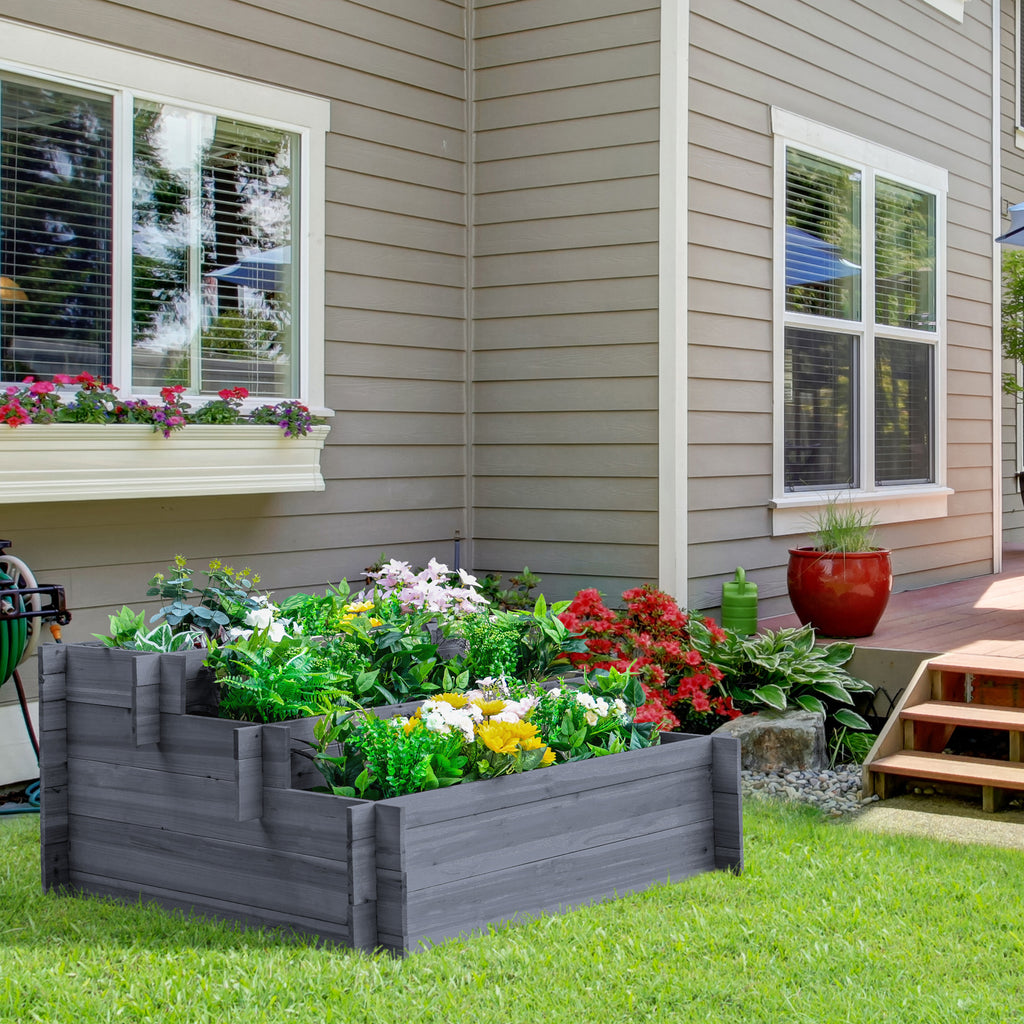 3-Tier Wood Raised Garden Bed, Elevated Planting Box, Outdoor Vegetable Flower Container, Herb Garden Indoor Kit, Gray