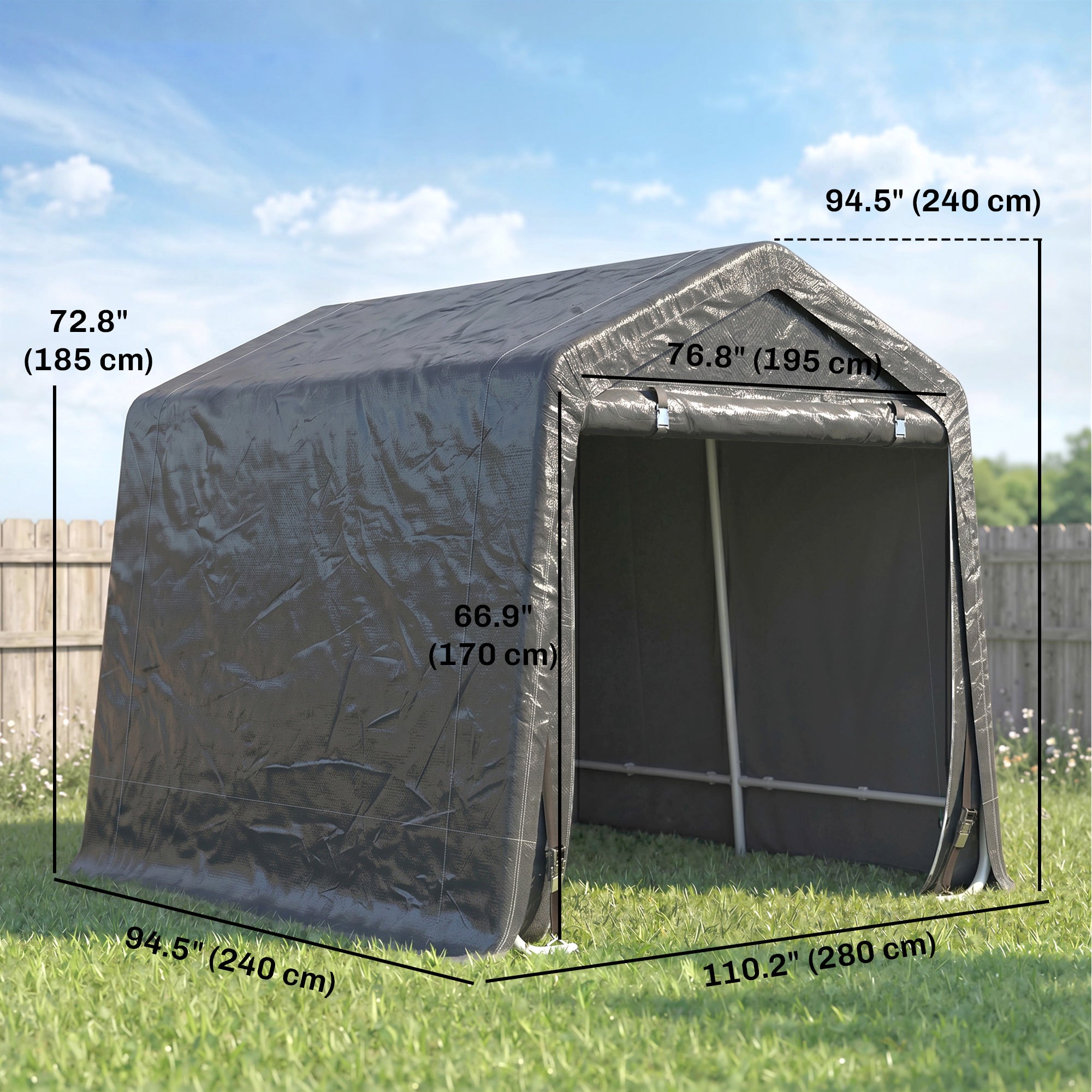 9.2' x 7.9' Garden Storage Tent, Patio Storage Shelter w/ Metal Frame and Double Zipper Doors, Dark Grey