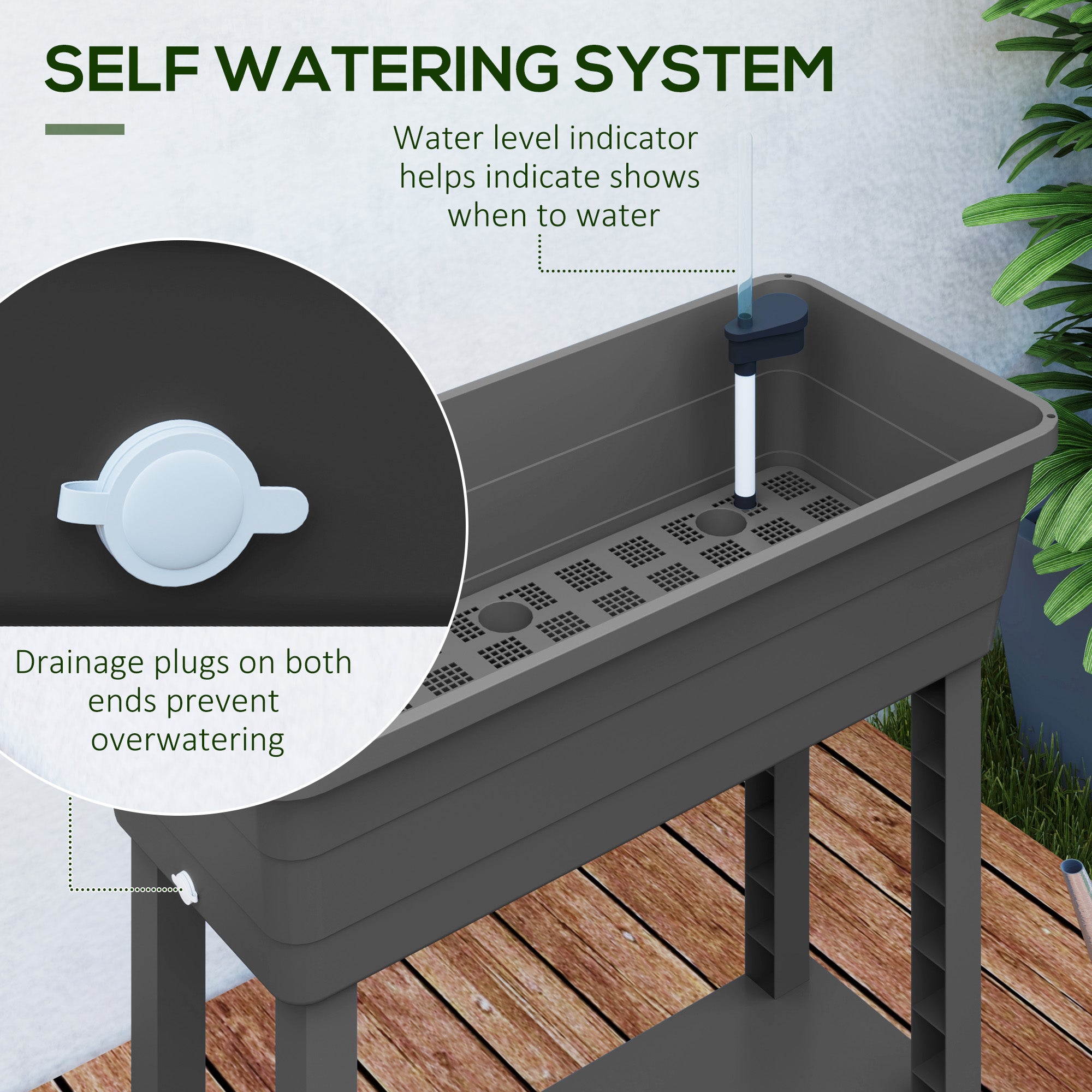 41L Self Watering Raised Garden Bed w/ Ventilation Transparent Lid Greenhouse, Planter Box w/ Storage Shelf, Dark Grey